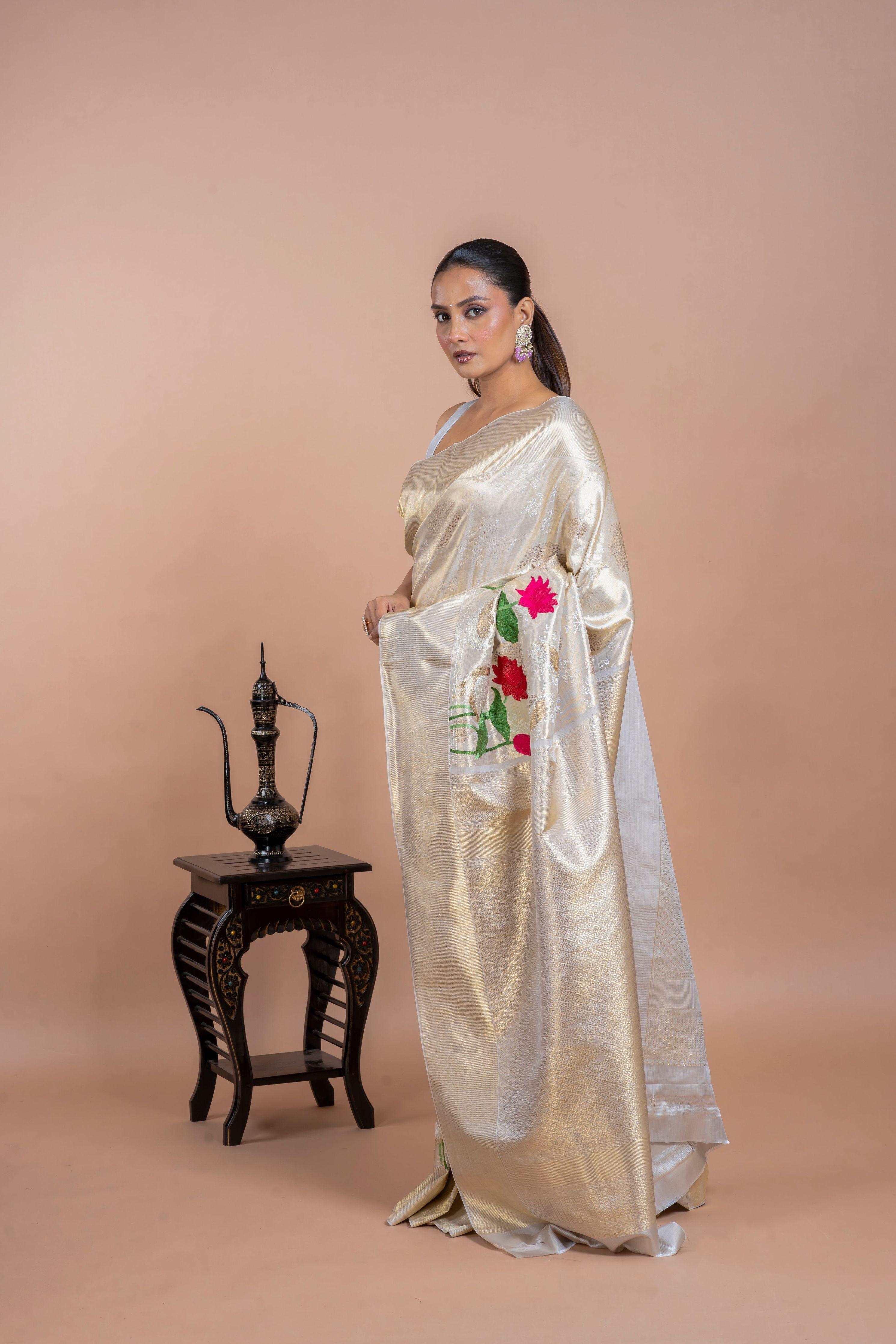 Half White Silk Saree with Zari Weaving and Thread Embroidery Mokshaa