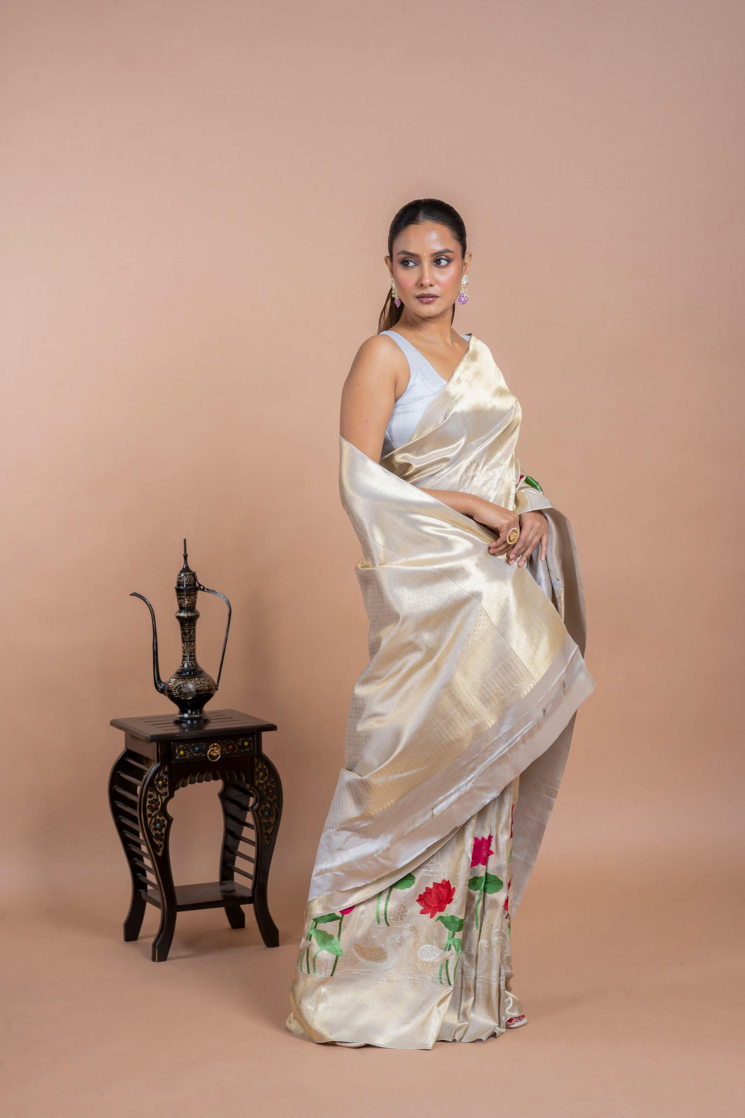 Half White Silk Saree with Zari Weaving and Thread Embroidery Mokshaa