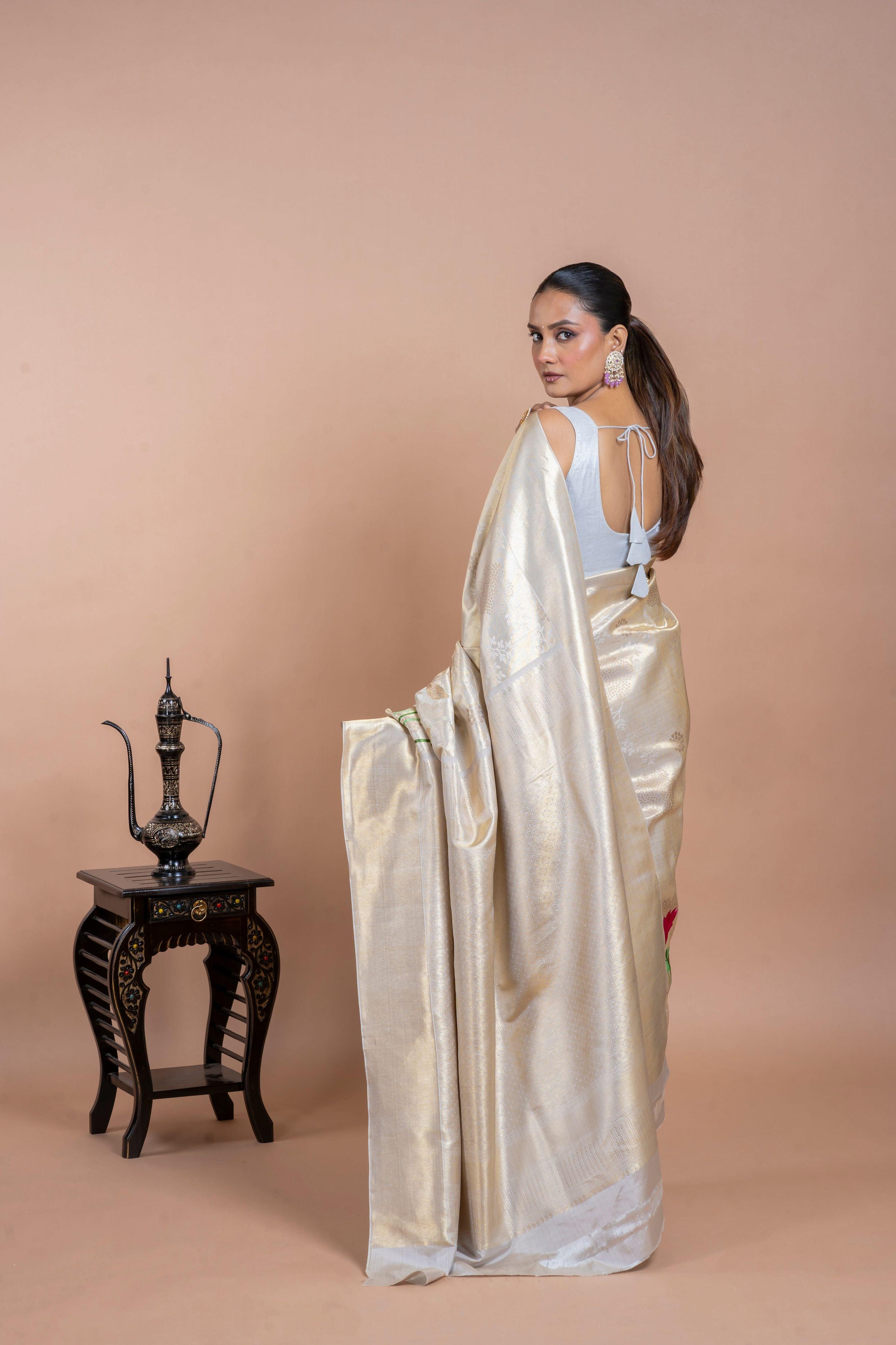 Half White Silk Saree with Zari Weaving and Thread Embroidery Mokshaa
