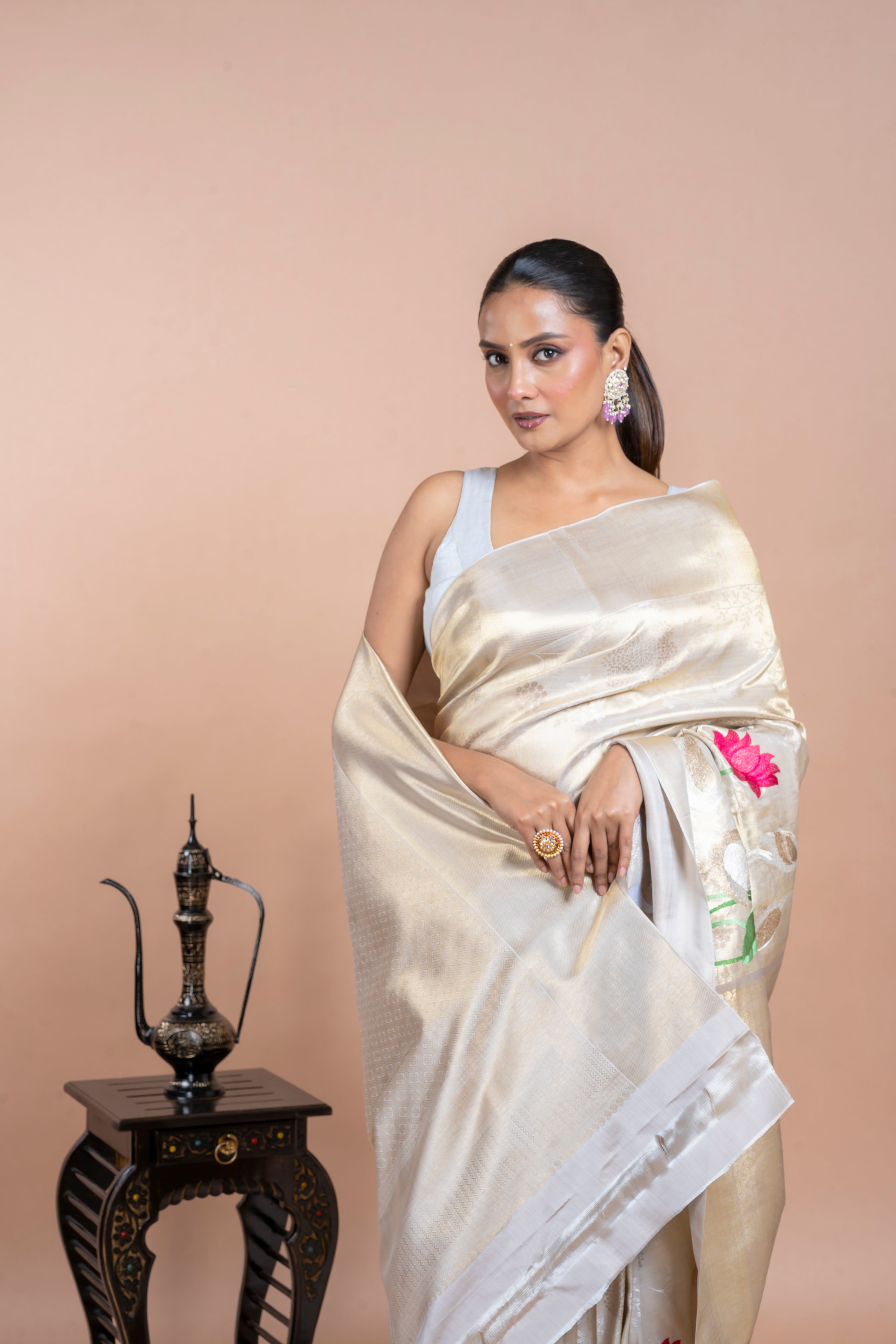 Half White Silk Saree with Zari Weaving and Thread Embroidery Mokshaa