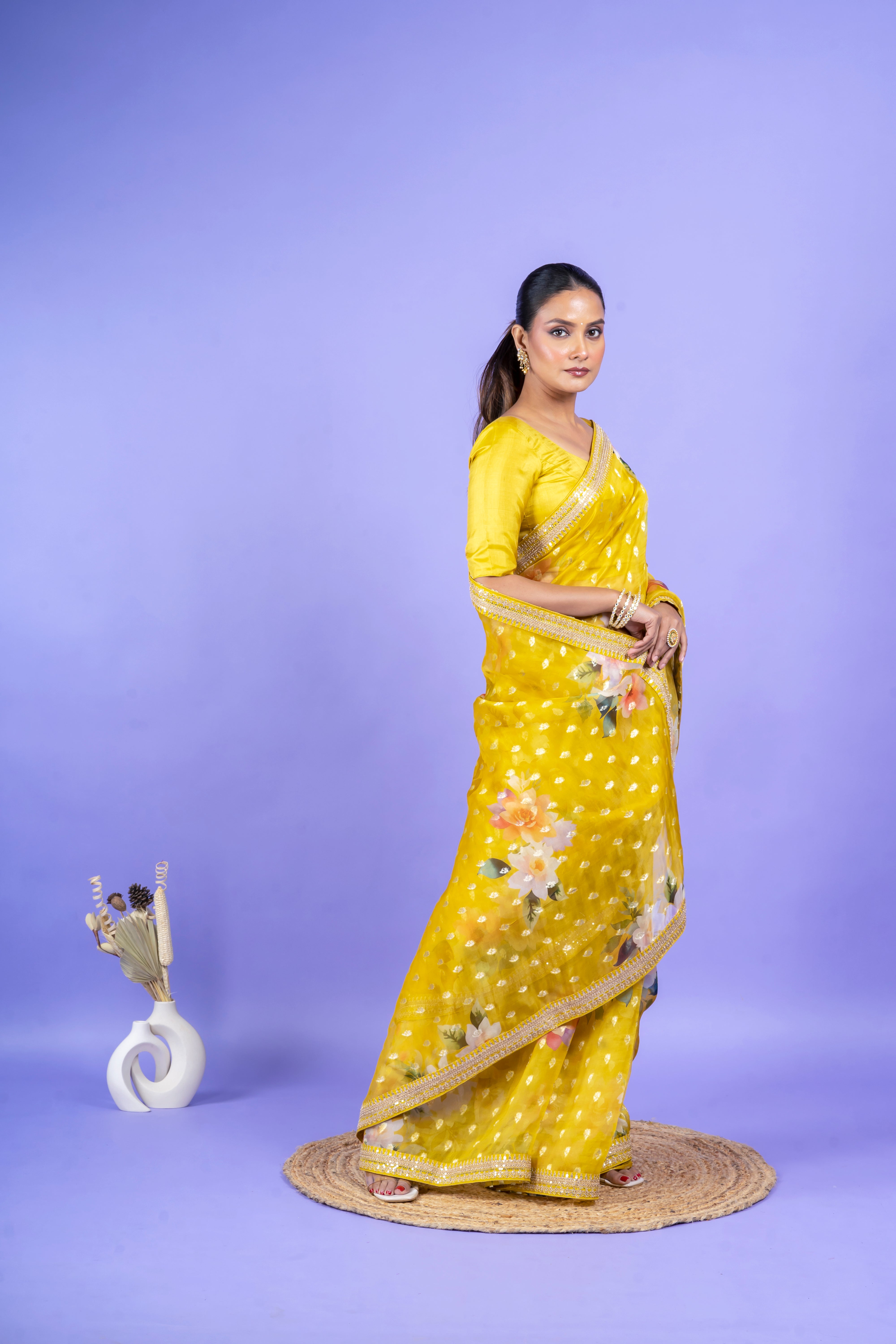 White Organza Saree with Black Floral Applique Mokshaa