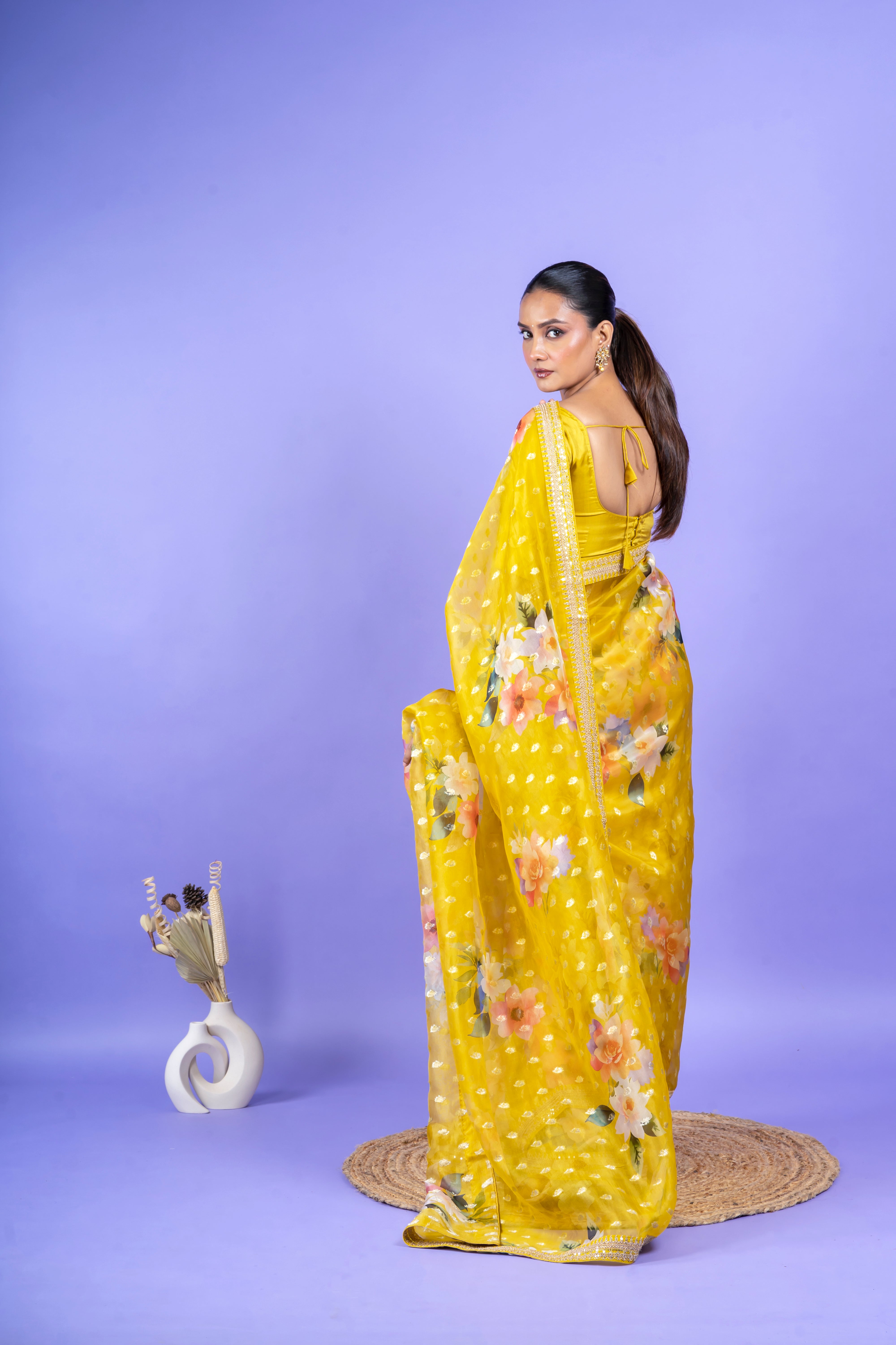 White Organza Saree with Black Floral Applique Mokshaa