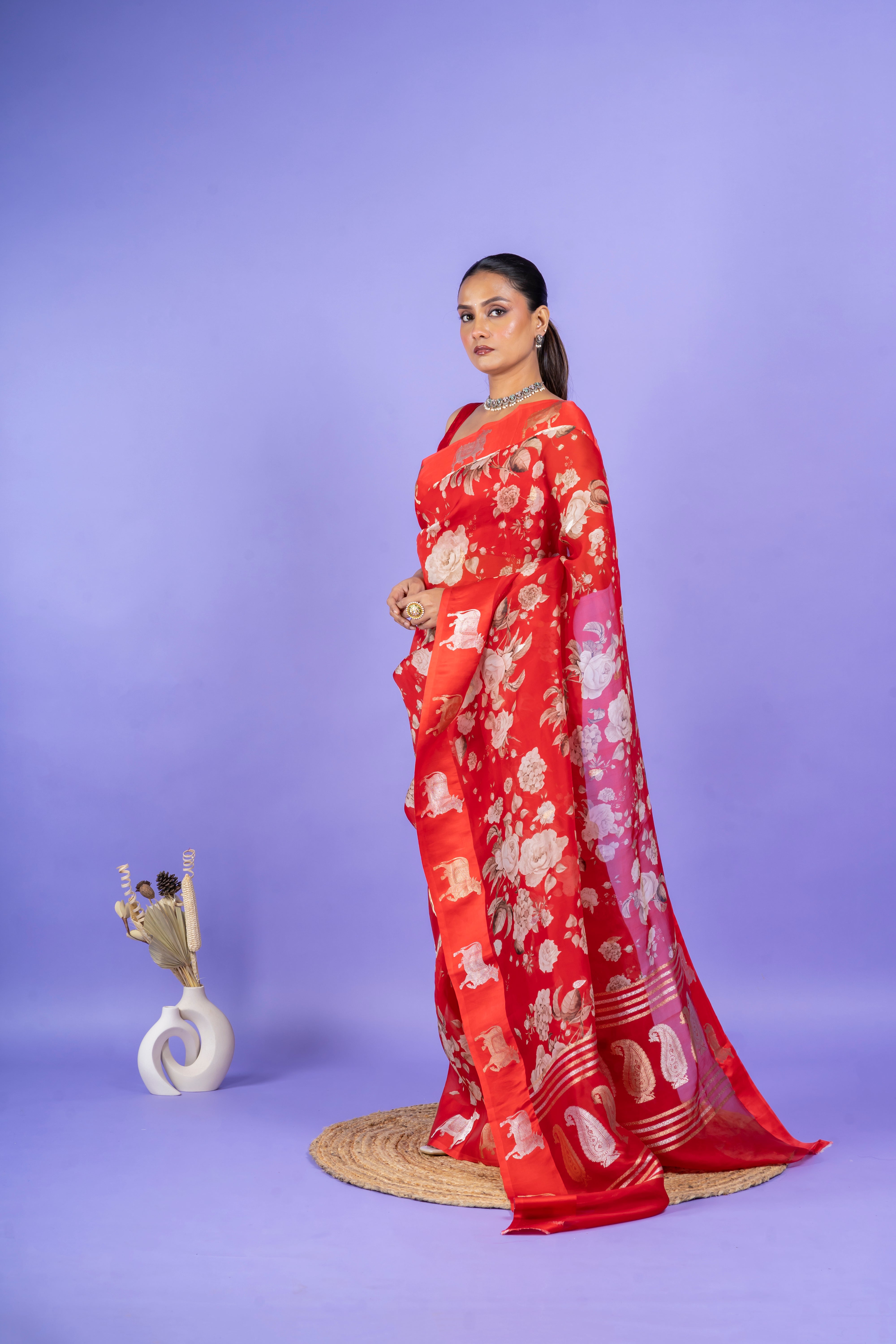 Red Organza Saree with Digital Floral Print and Zari Border Mokshaa