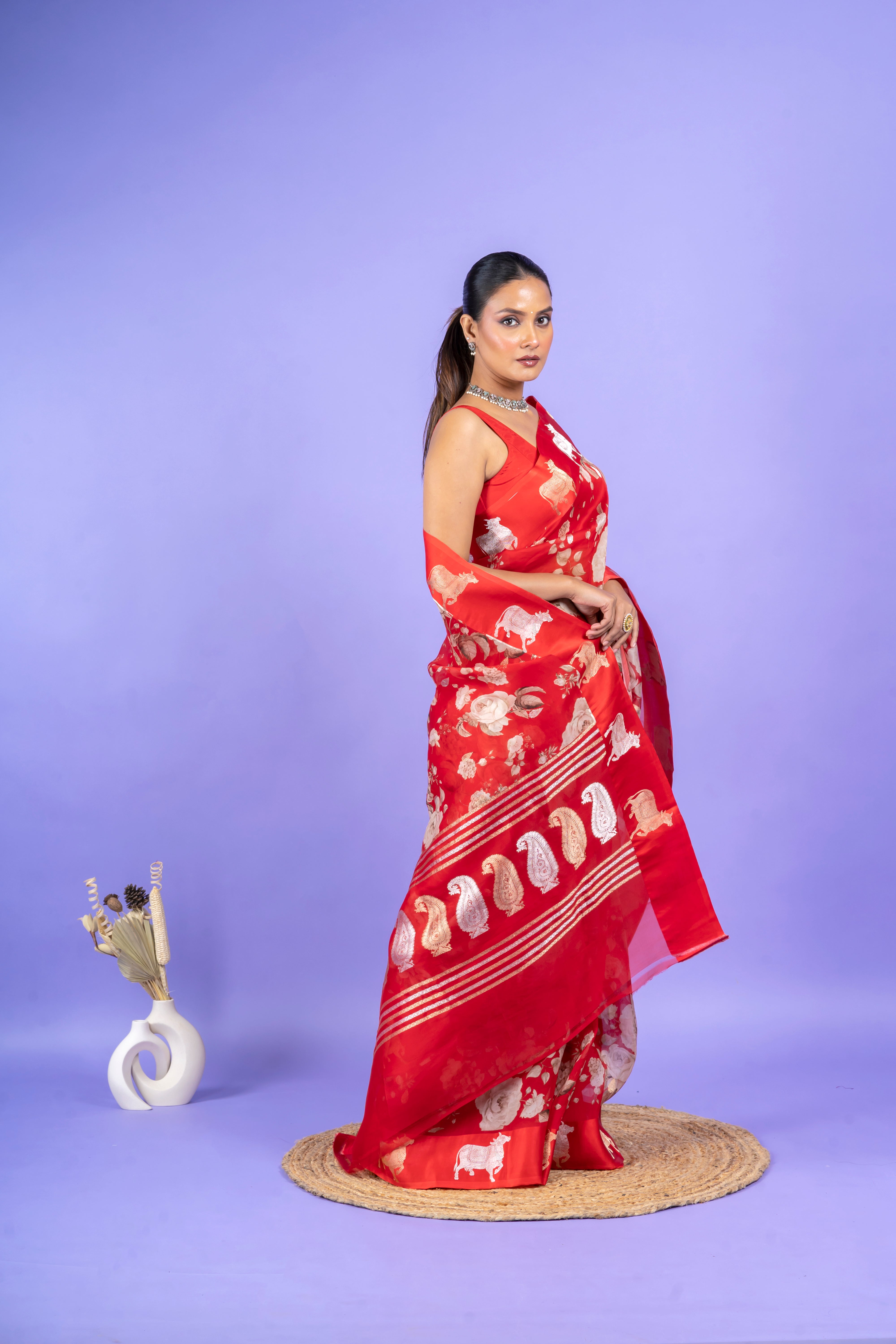 Red Organza Saree with Digital Floral Print and Zari Border Mokshaa