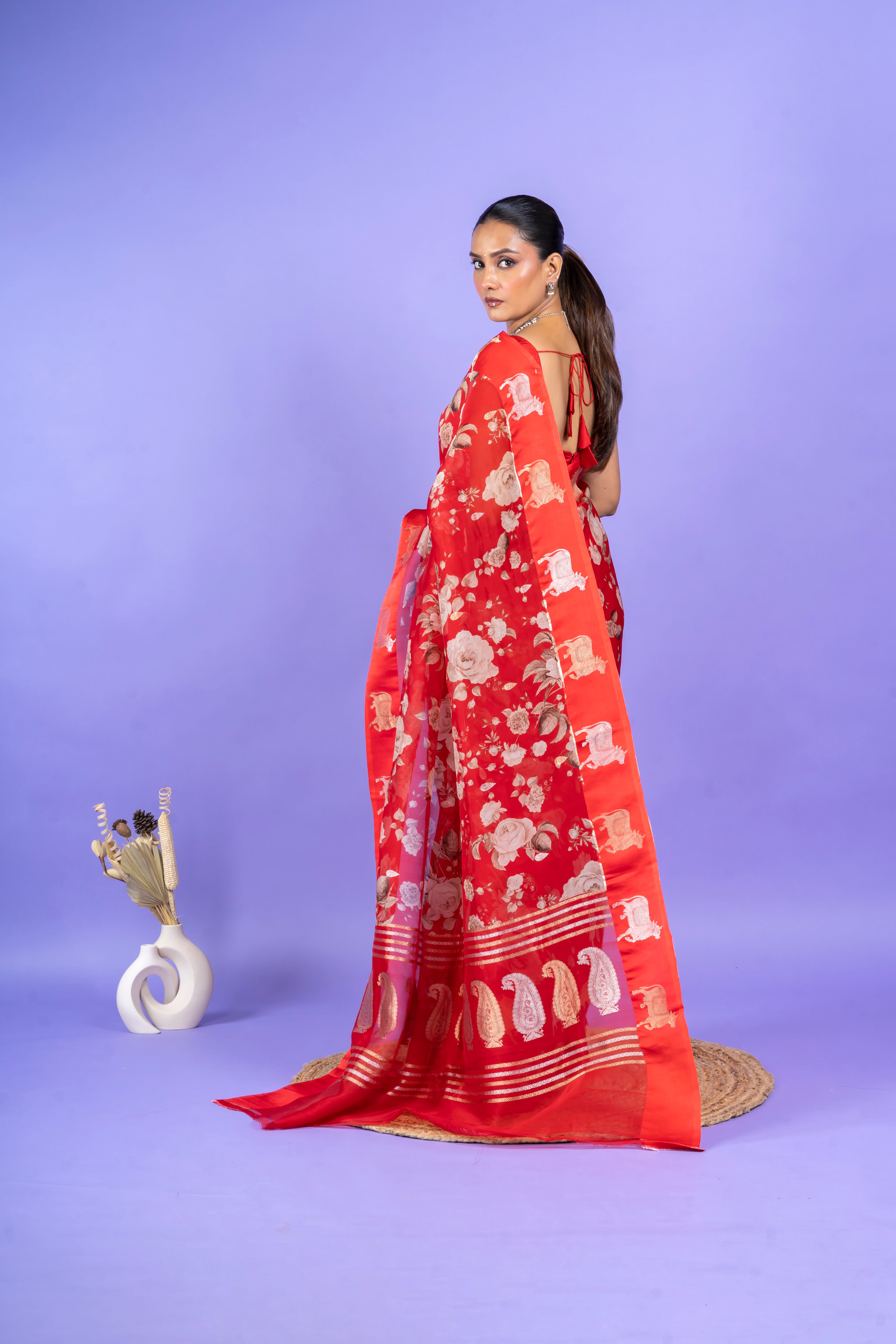 Red Organza Saree with Digital Floral Print and Zari Border Mokshaa