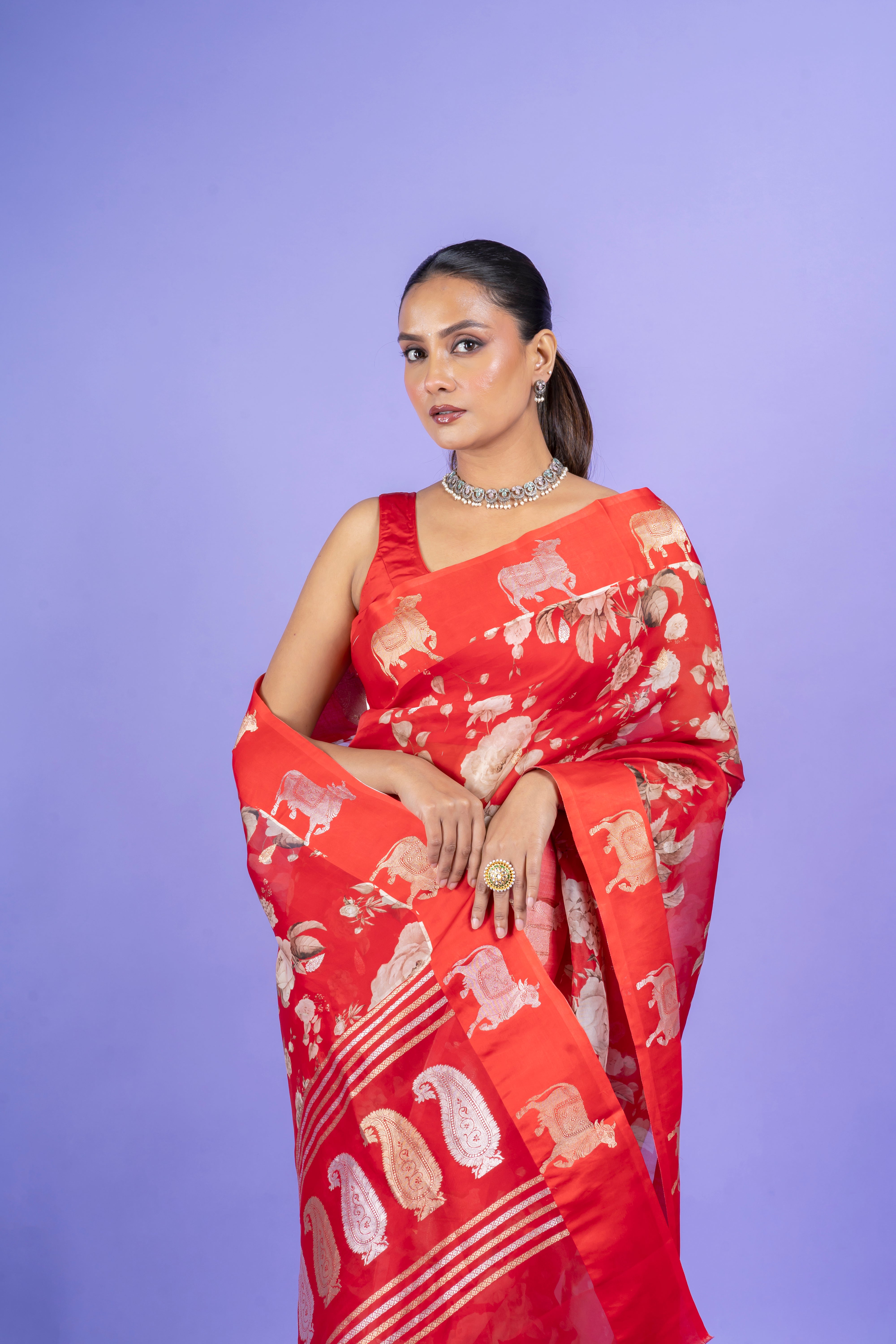 Red Organza Saree with Digital Floral Print and Zari Border Mokshaa