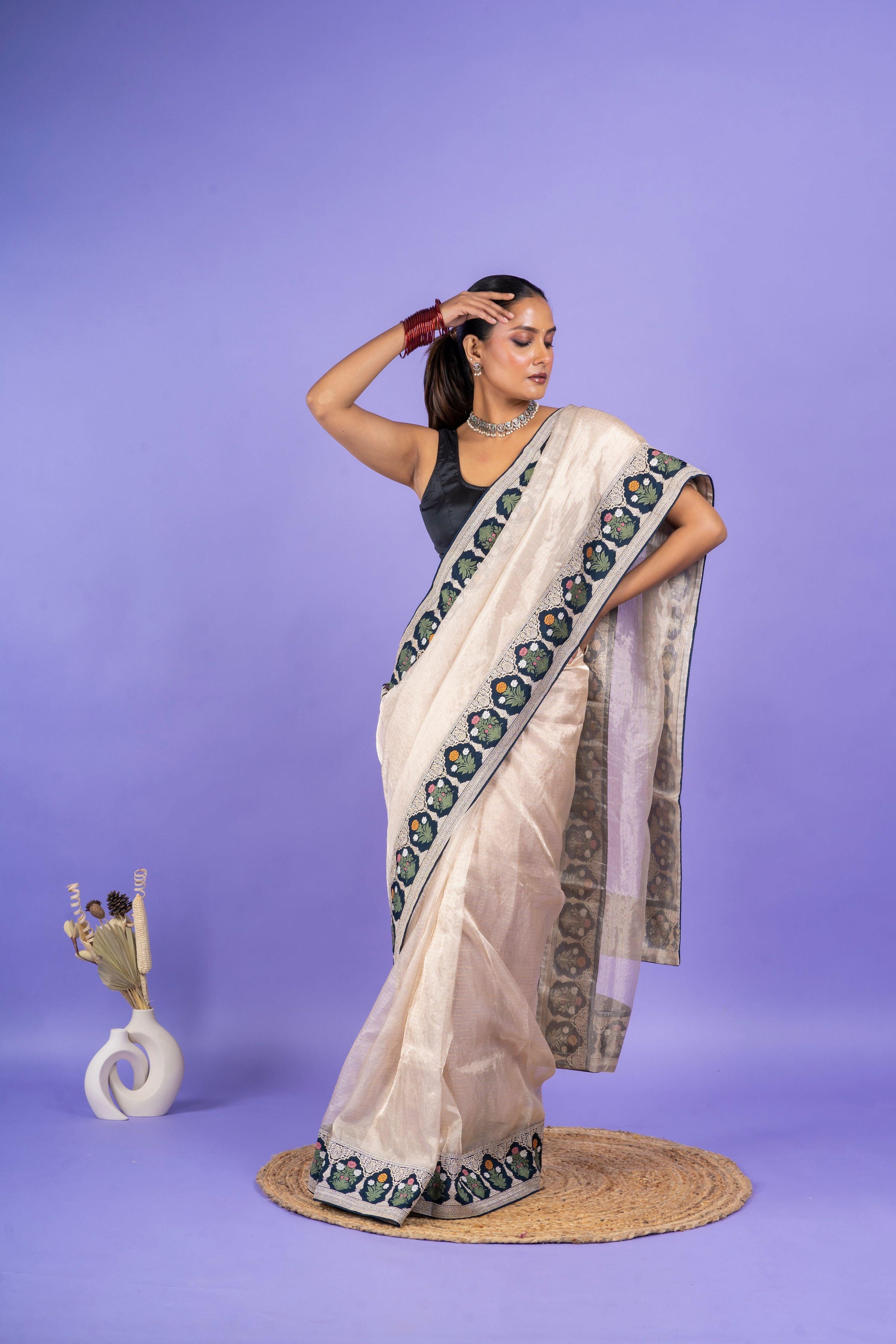 Light Peach Georgette Saree with Digital Print and Sequins Border (Copy)  Mokshaa