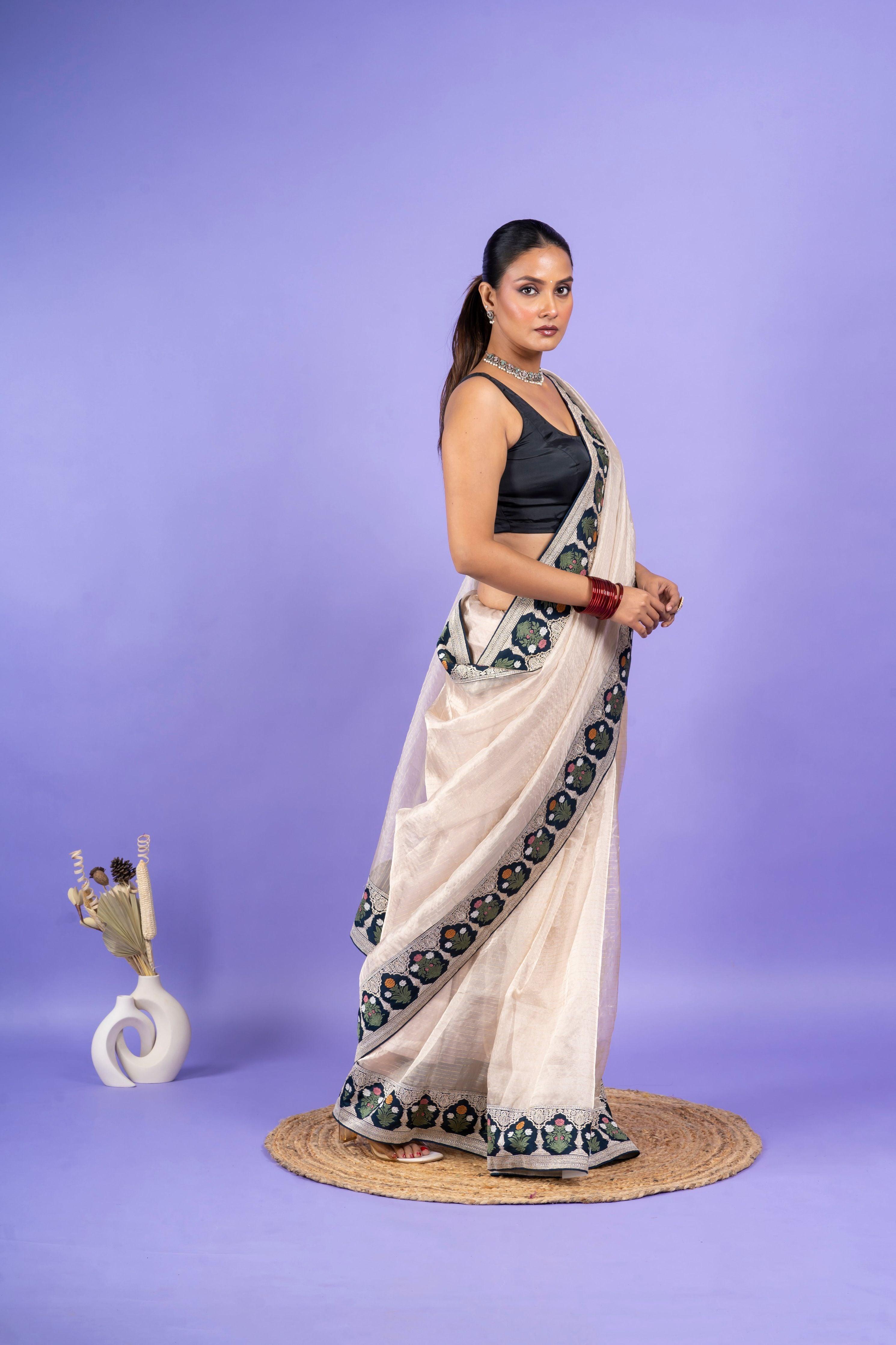 Light Peach Georgette Saree with Digital Print and Sequins Border (Copy)  Mokshaa