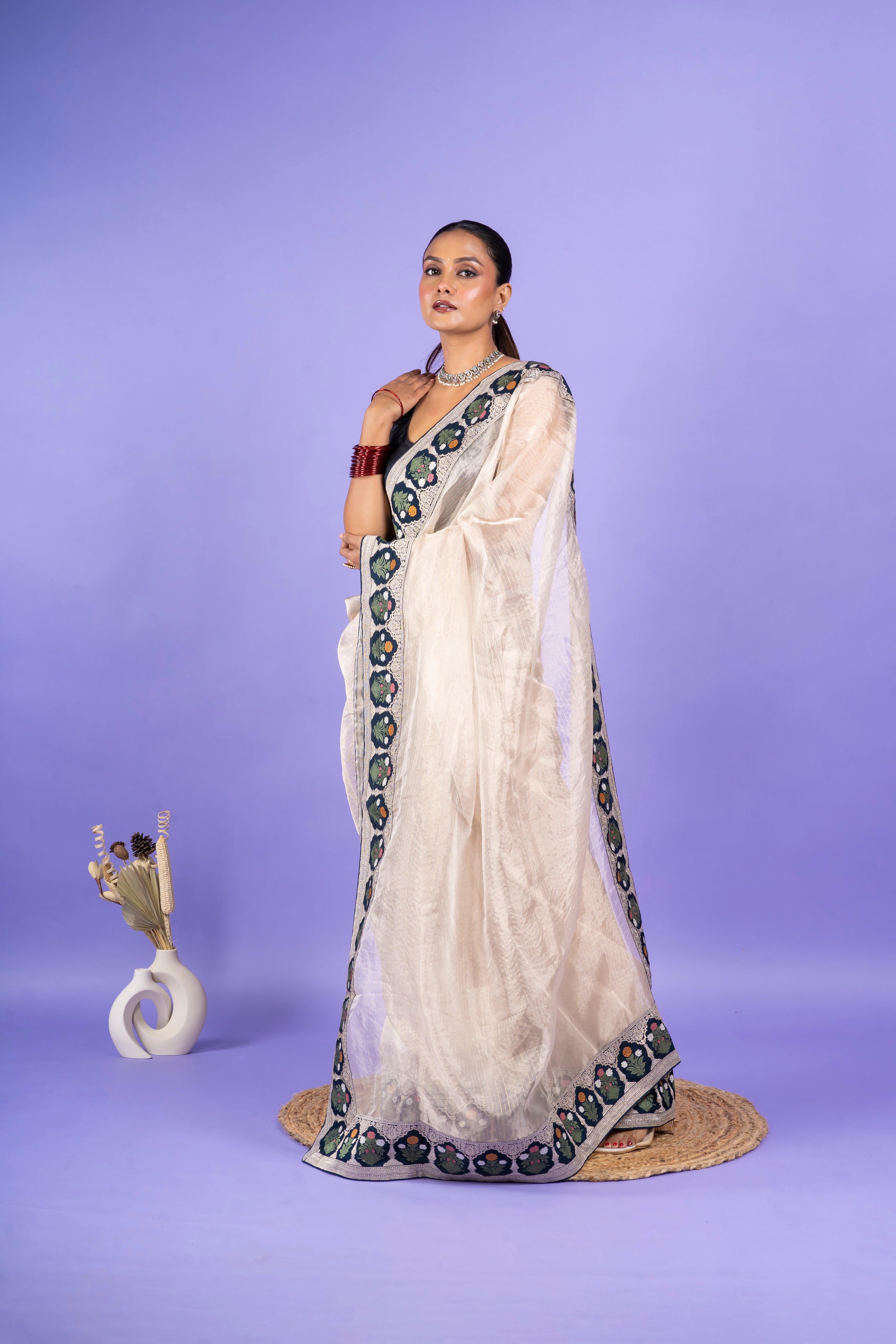 Light Peach Georgette Saree with Digital Print and Sequins Border (Copy) Mokshaa