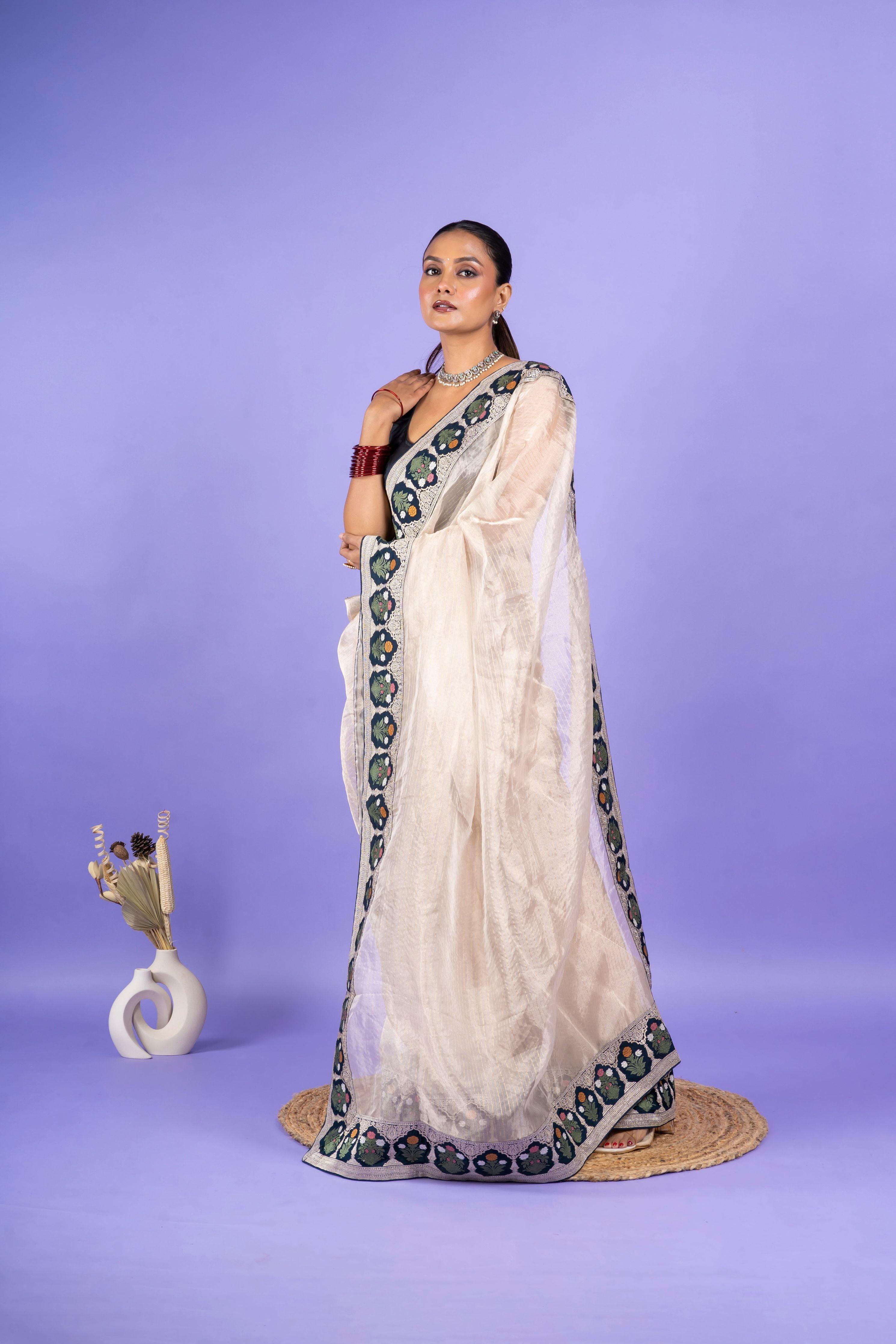 Light Peach Georgette Saree with Digital Print and Sequins Border (Copy)  Mokshaa