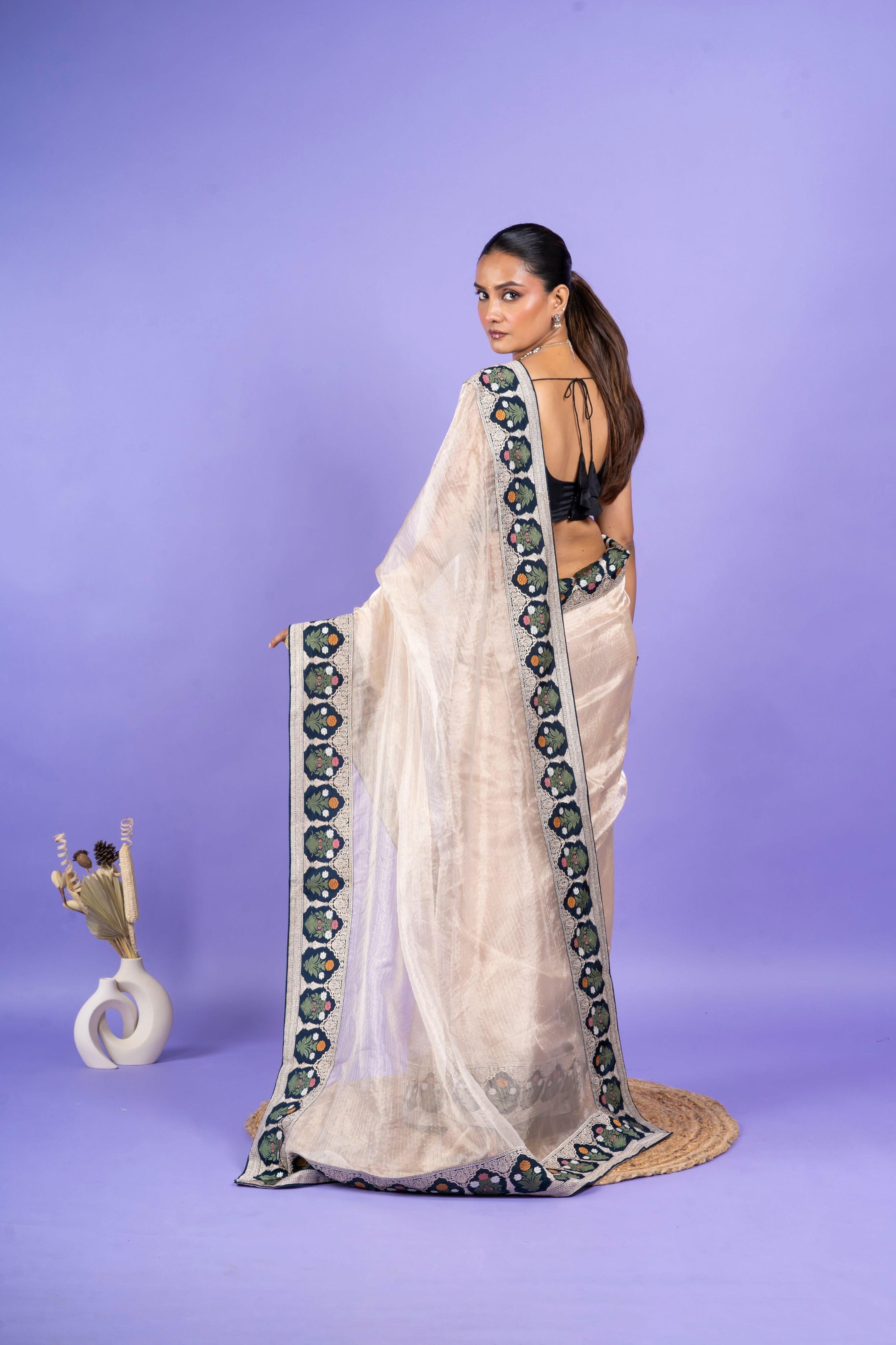 Light Peach Georgette Saree with Digital Print and Sequins Border (Copy)  Mokshaa