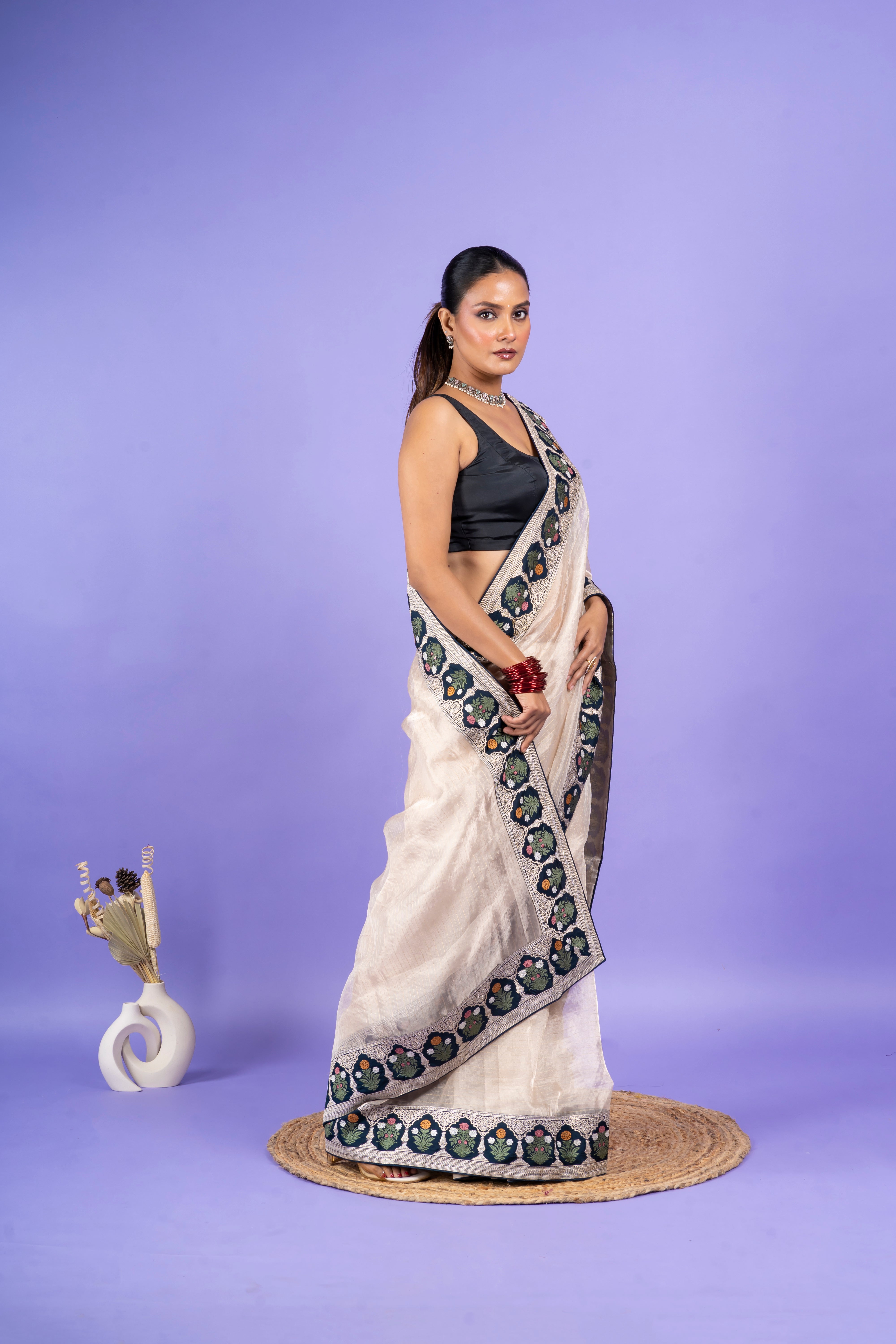 Light Peach Georgette Saree with Digital Print and Sequins Border (Copy) Mokshaa