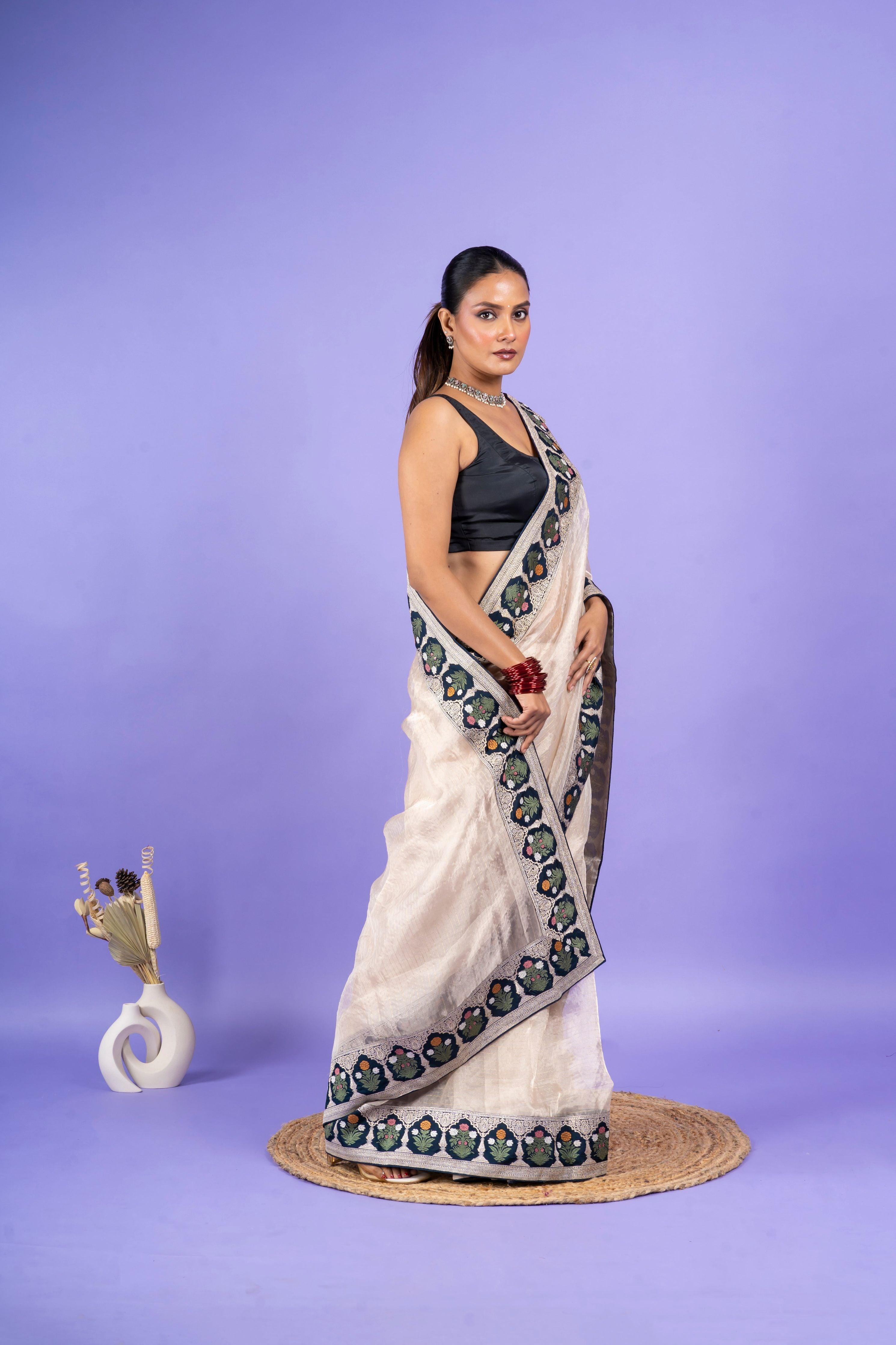 Light Peach Georgette Saree with Digital Print and Sequins Border (Copy)  Mokshaa