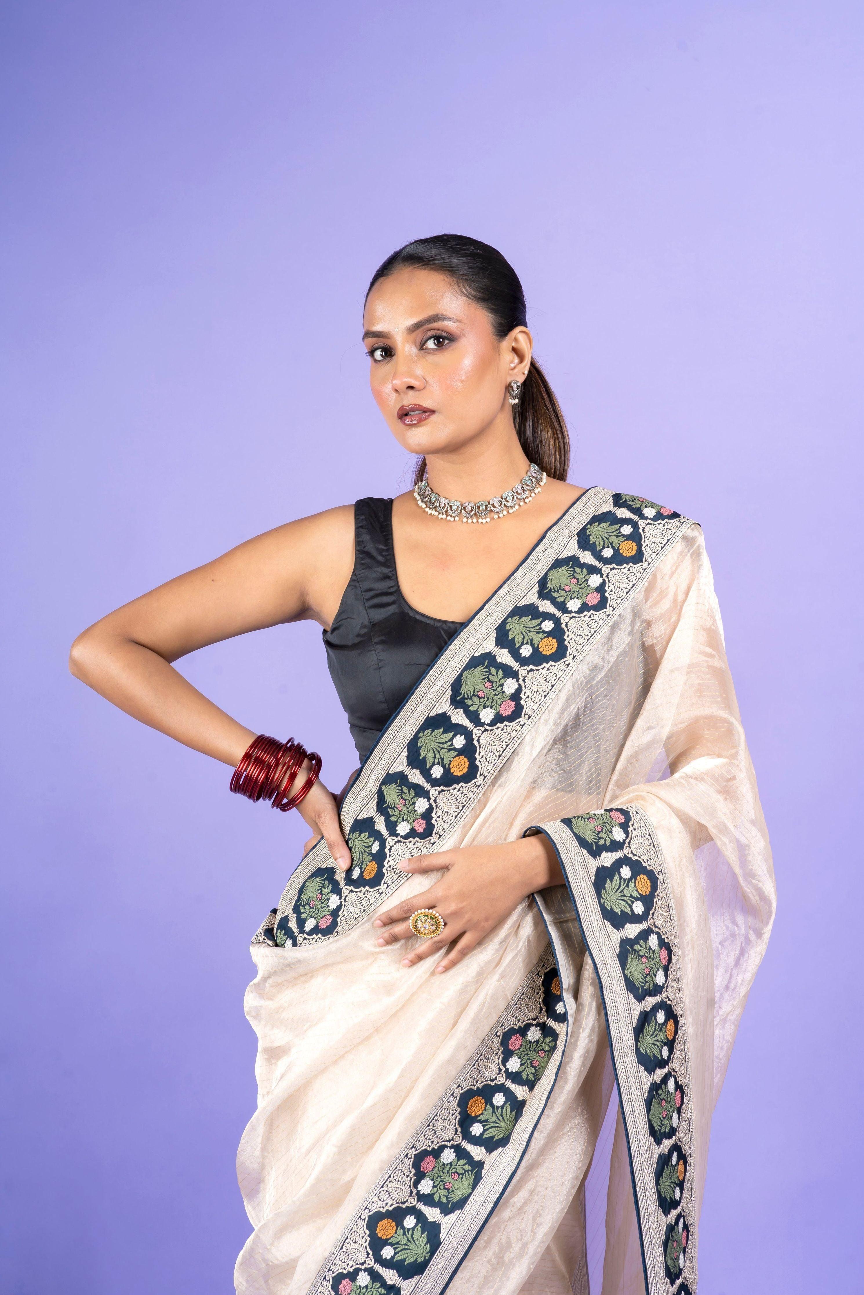 Light Peach Georgette Saree with Digital Print and Sequins Border (Copy)  Mokshaa