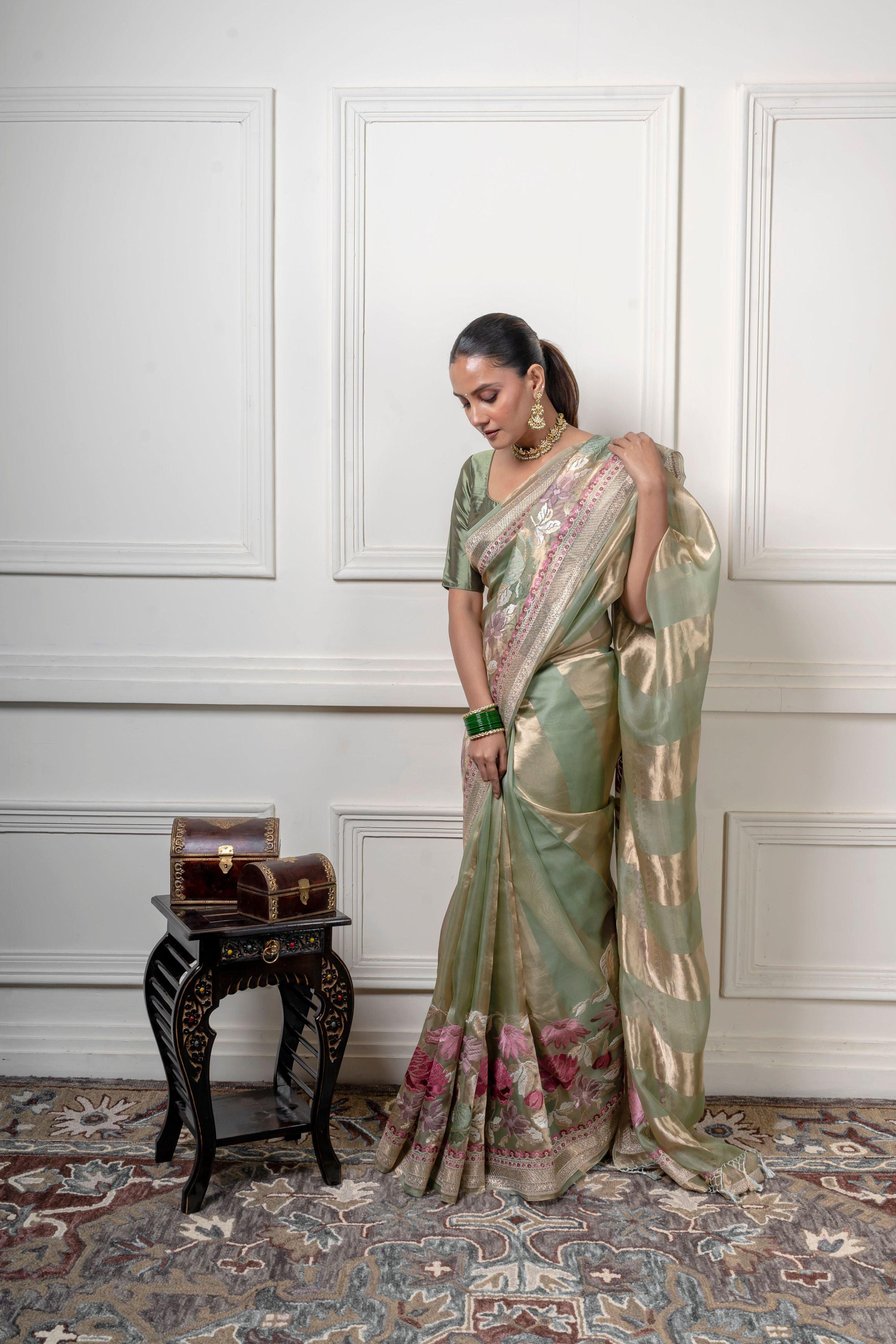 Green Organza Saree with Gold Zari Stripe  Mokshaa