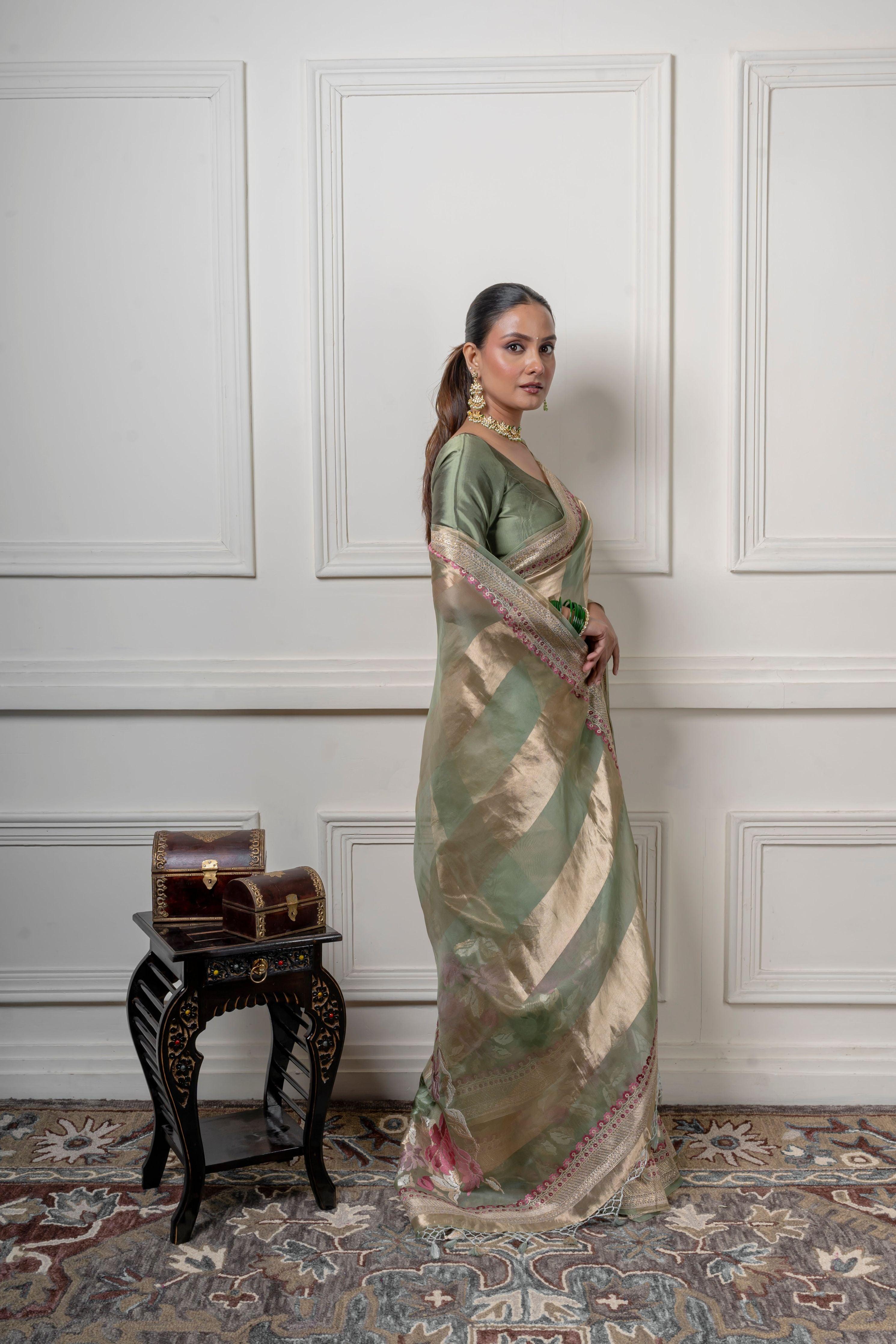 Green Organza Saree with Gold Zari Stripe  Mokshaa