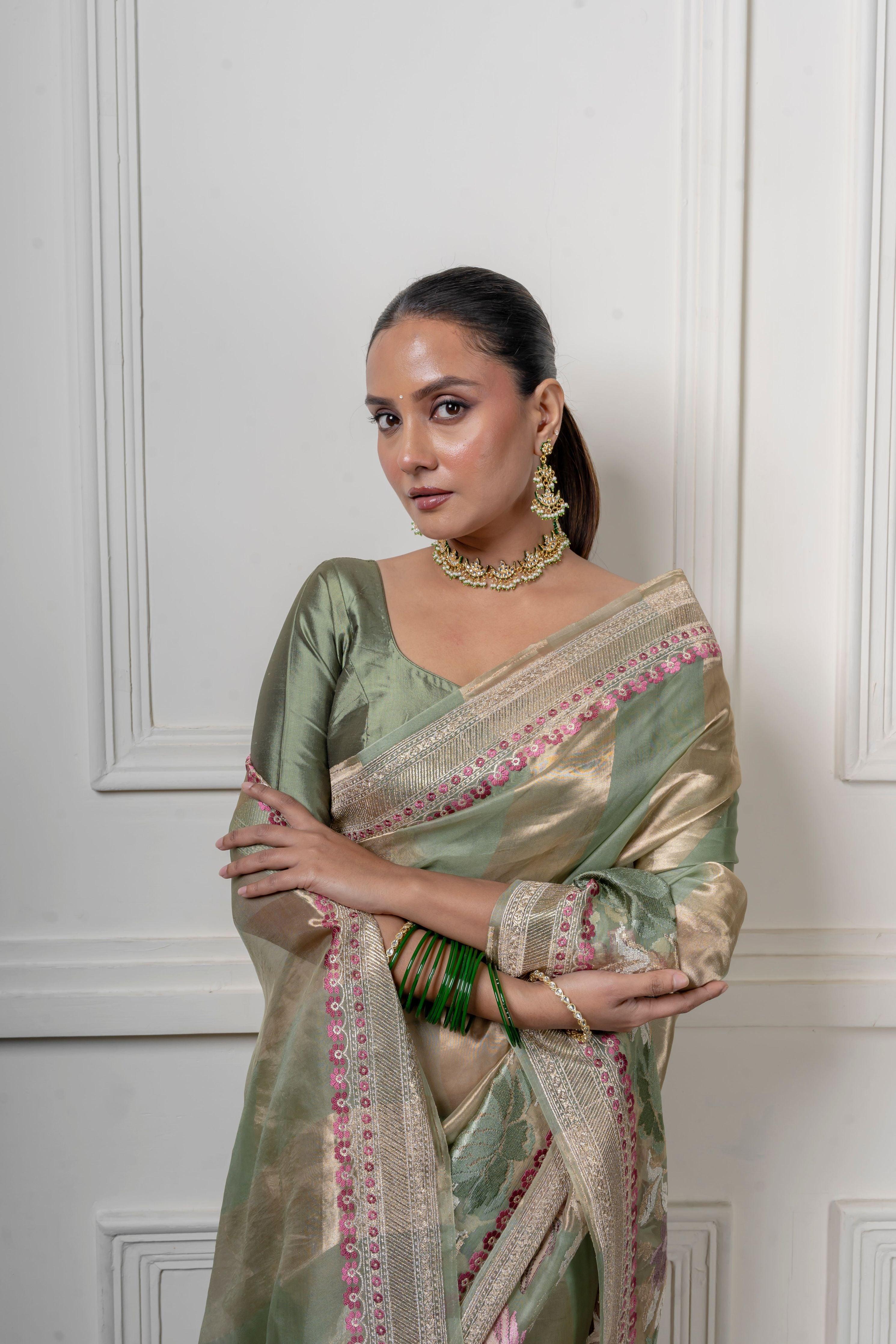 Green Organza Saree with Gold Zari Stripe - Mokshaa