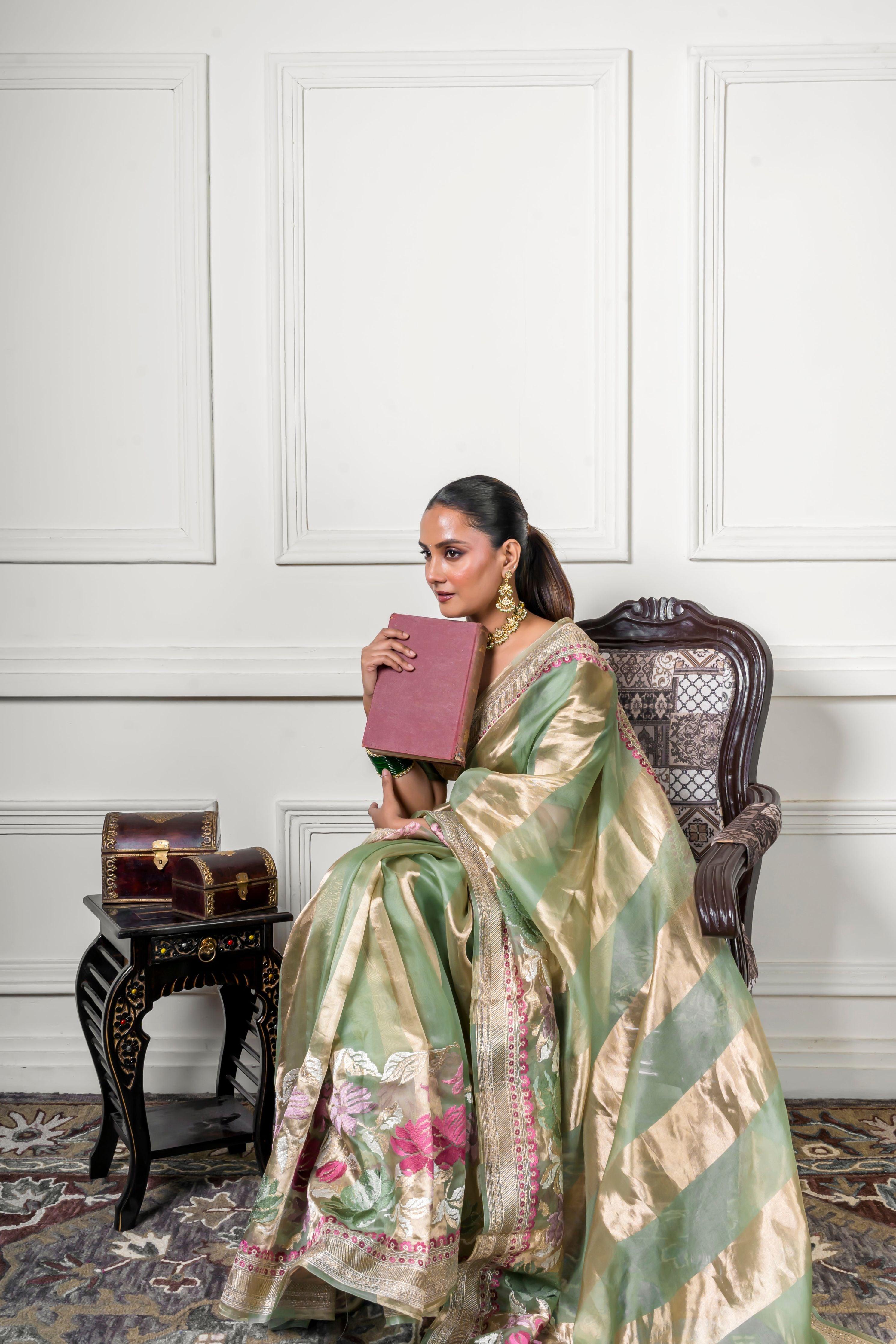 Green Organza Saree with Gold Zari Stripe  Mokshaa