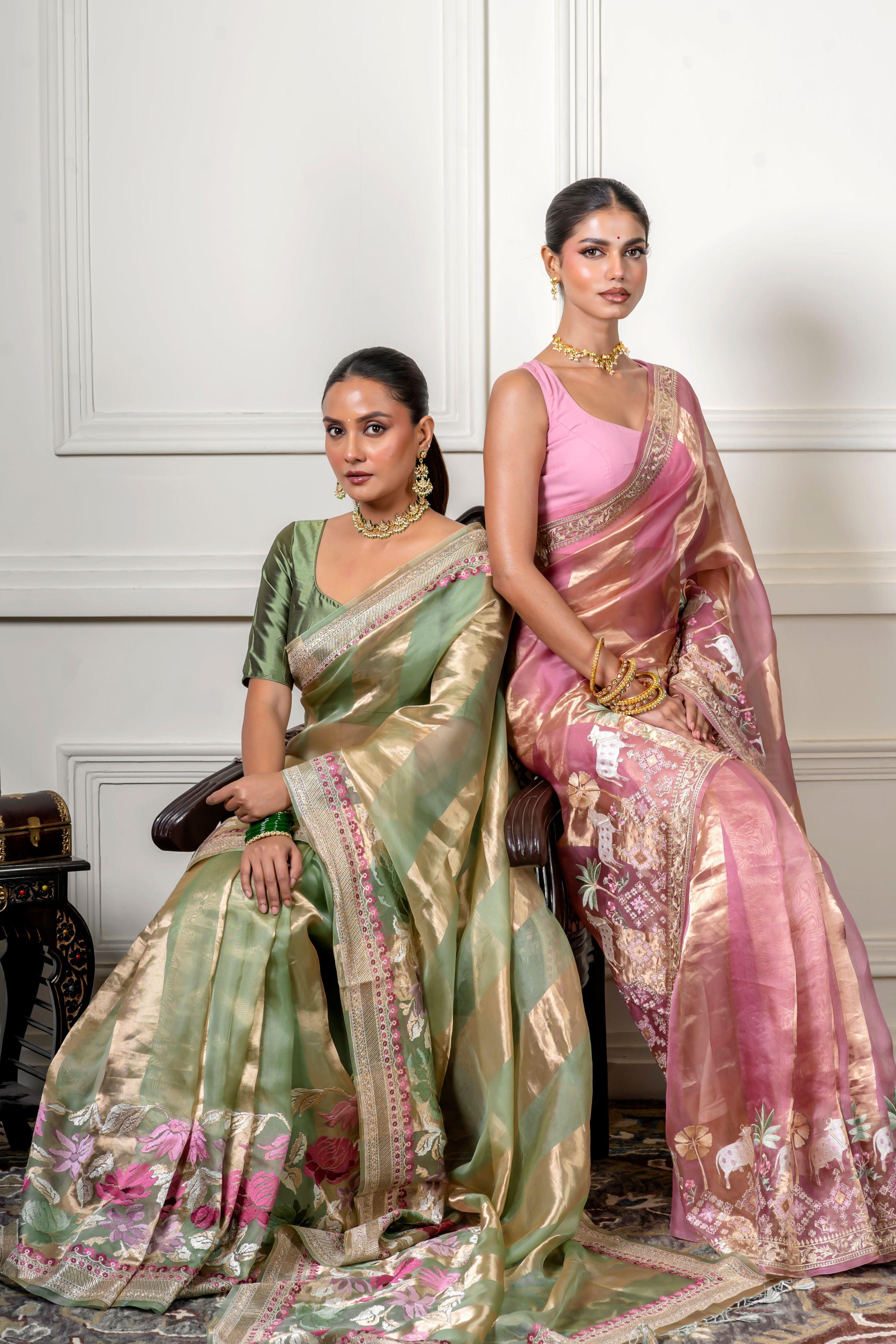 Green Pink Saree with Gold Zari Stripe (Copy)  Mokshaa