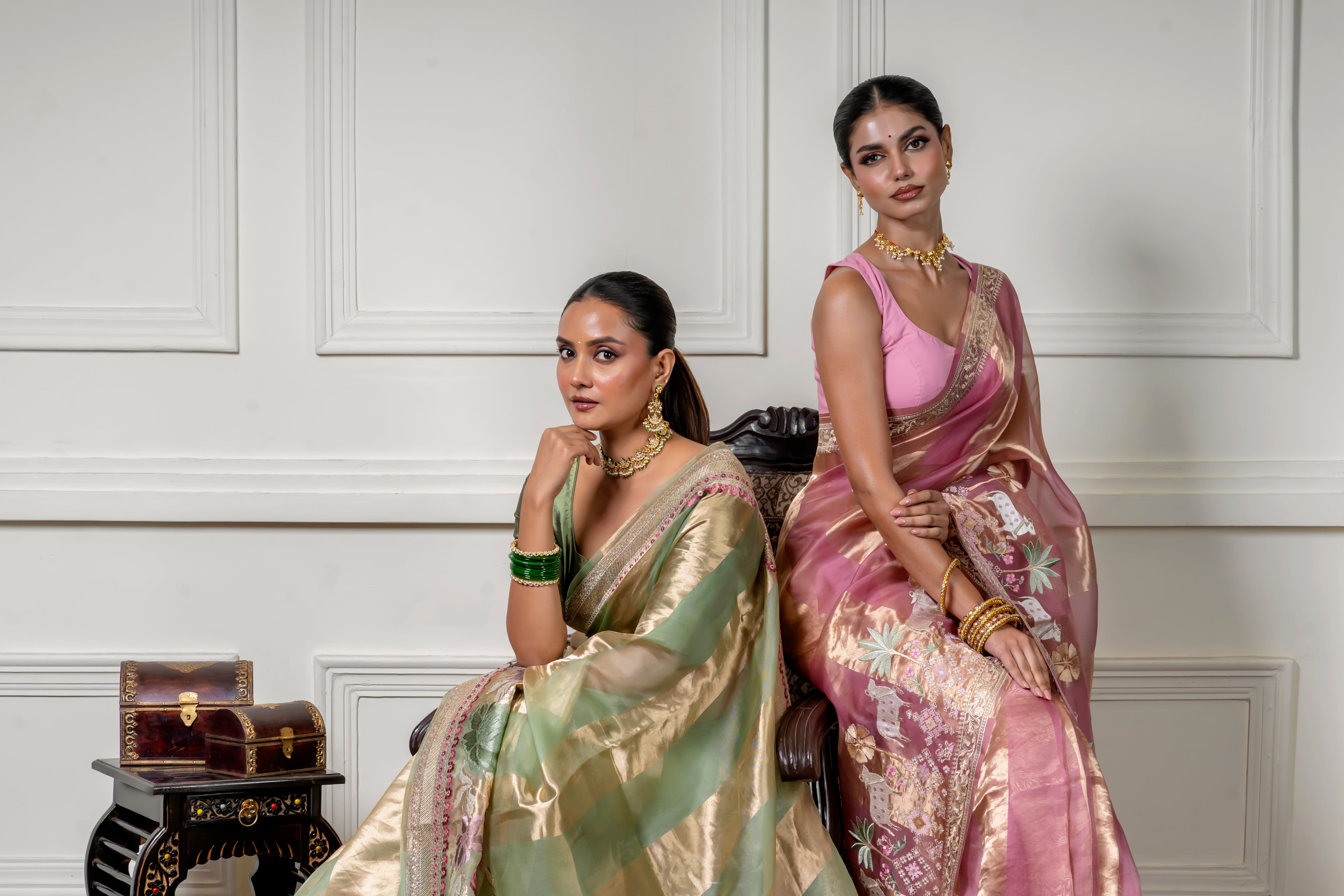 Green Pink Saree with Gold Zari Stripe (Copy) Mokshaa