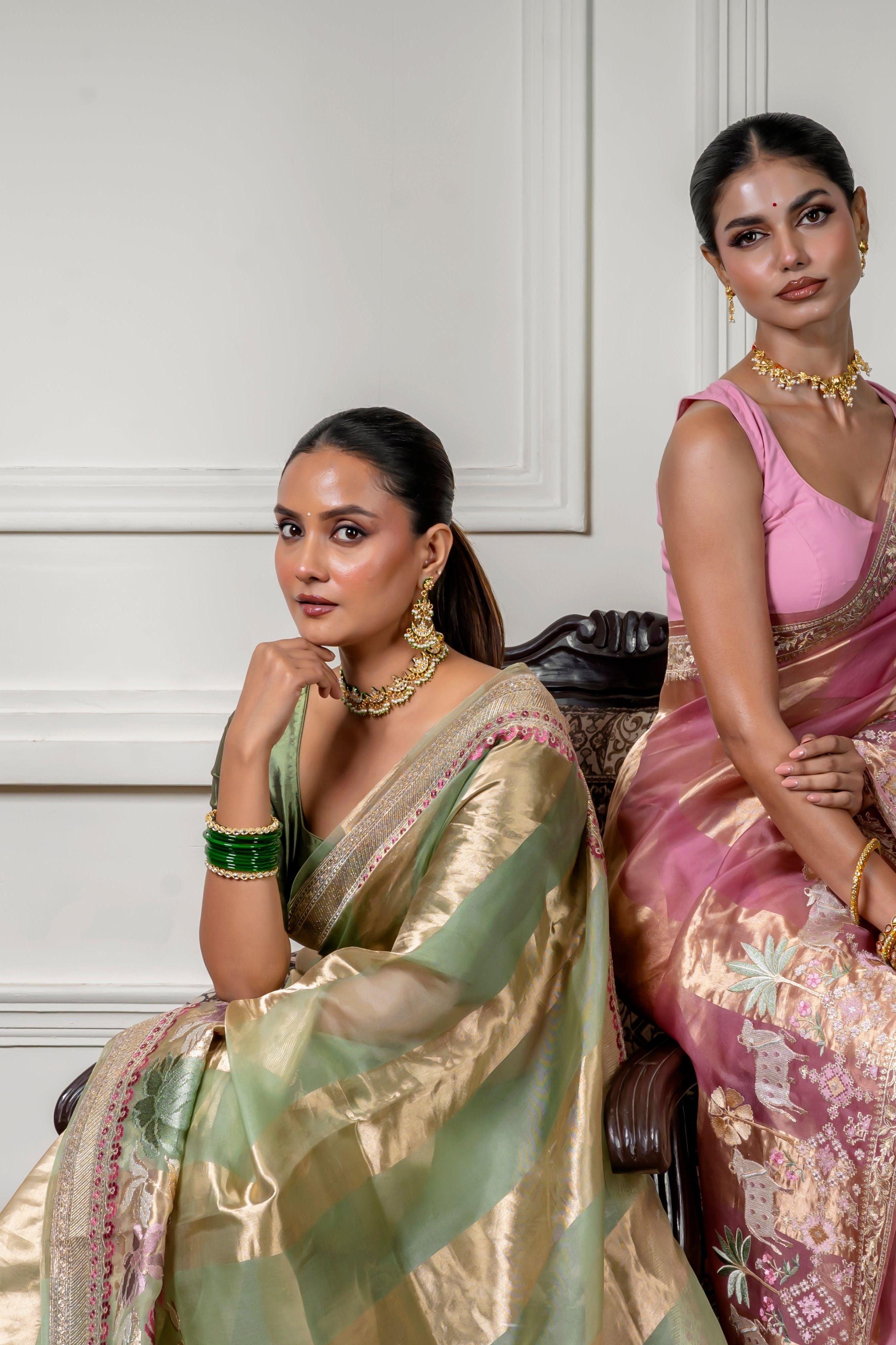 Green Pink Saree with Gold Zari Stripe (Copy)  Mokshaa