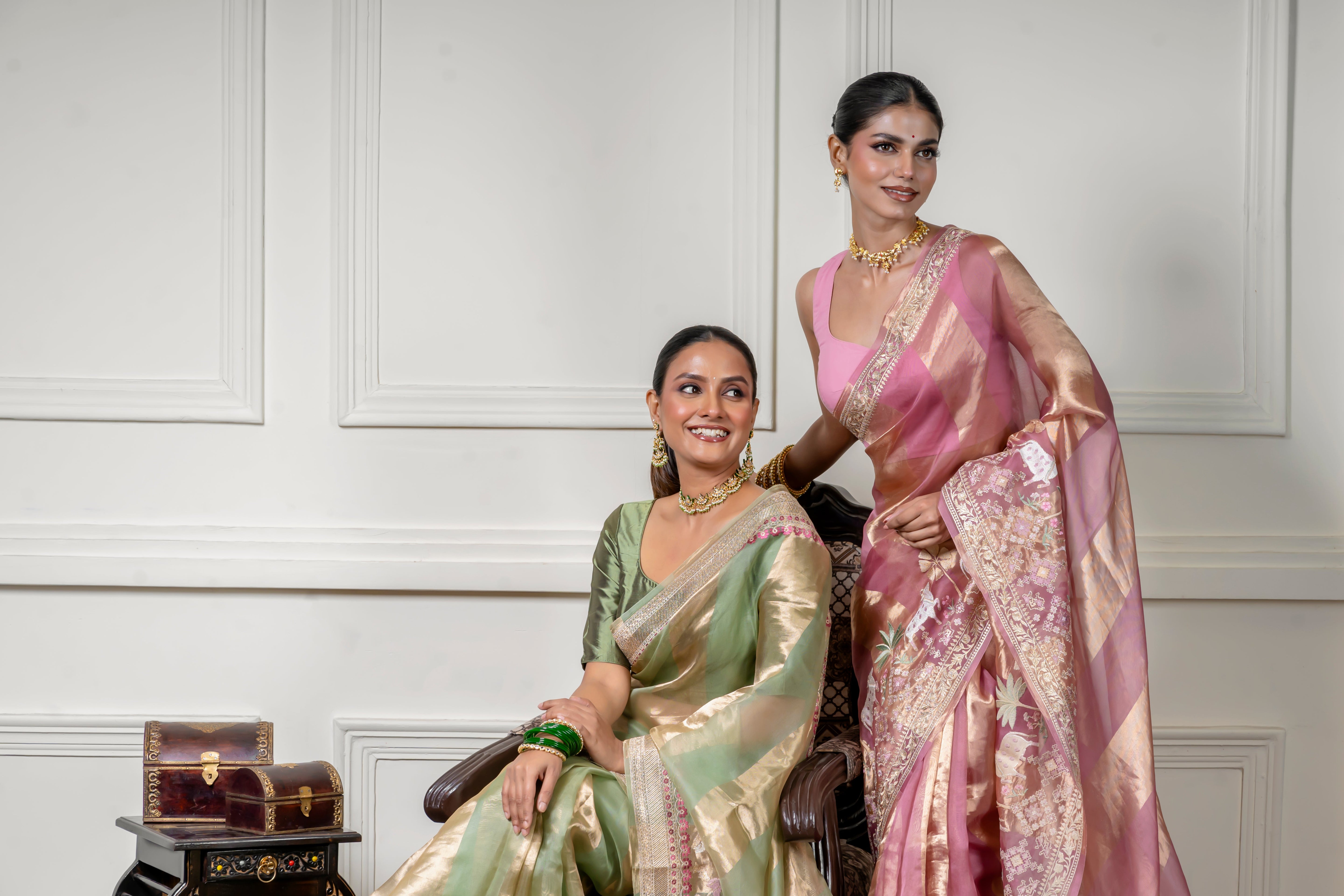 Green Pink Saree with Gold Zari Stripe (Copy) Mokshaa