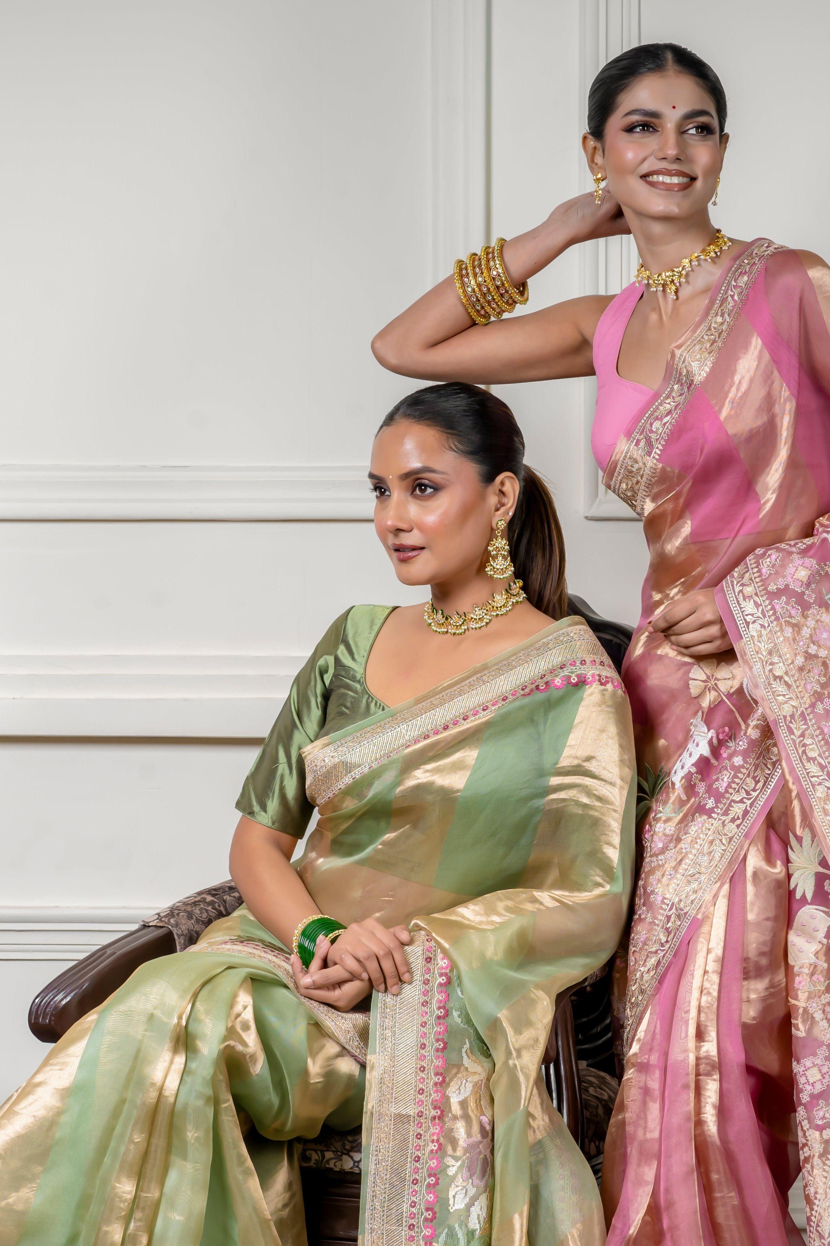 Green Organza Saree with Gold Zari Stripe  Mokshaa