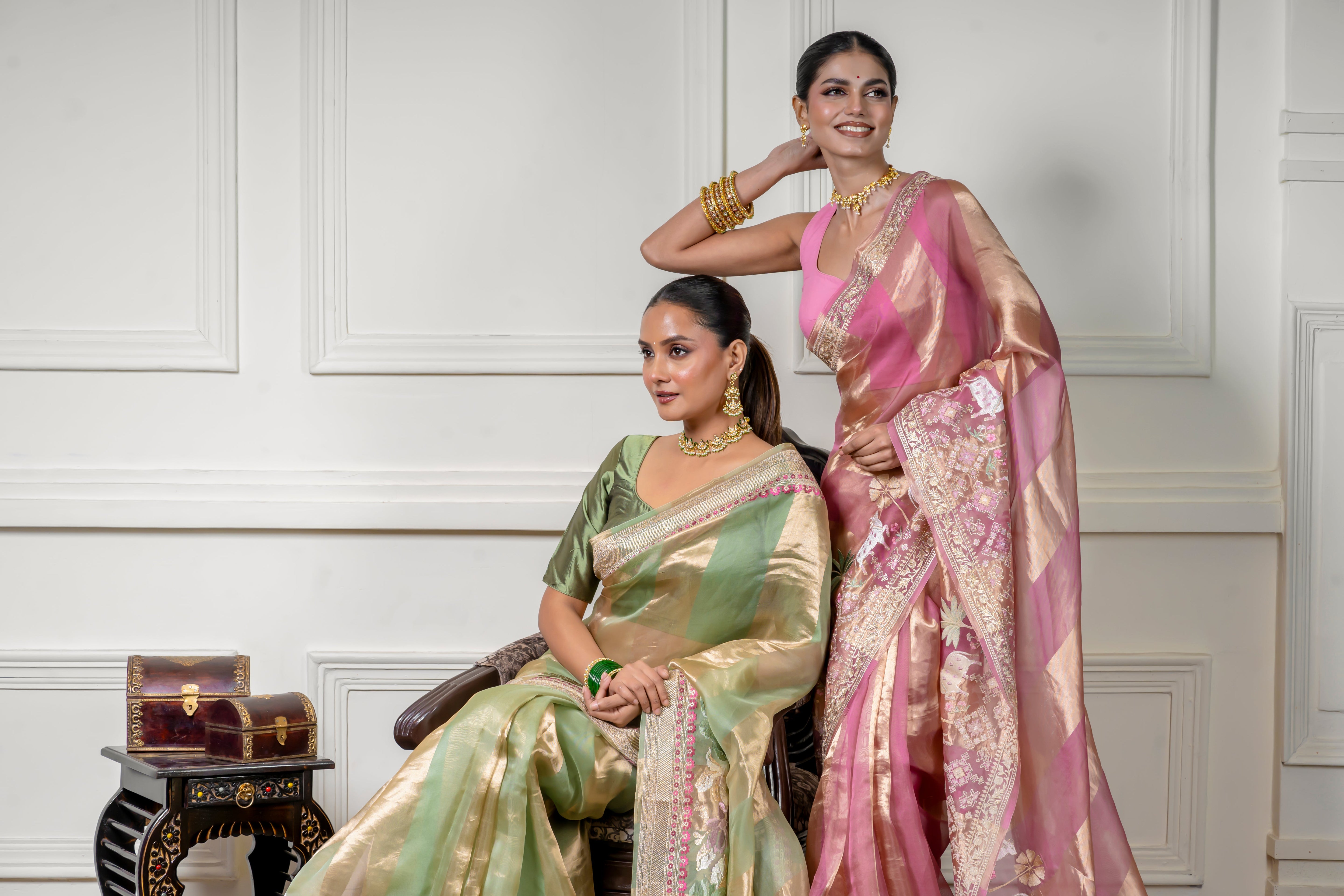 Green Pink Saree with Gold Zari Stripe (Copy) Mokshaa