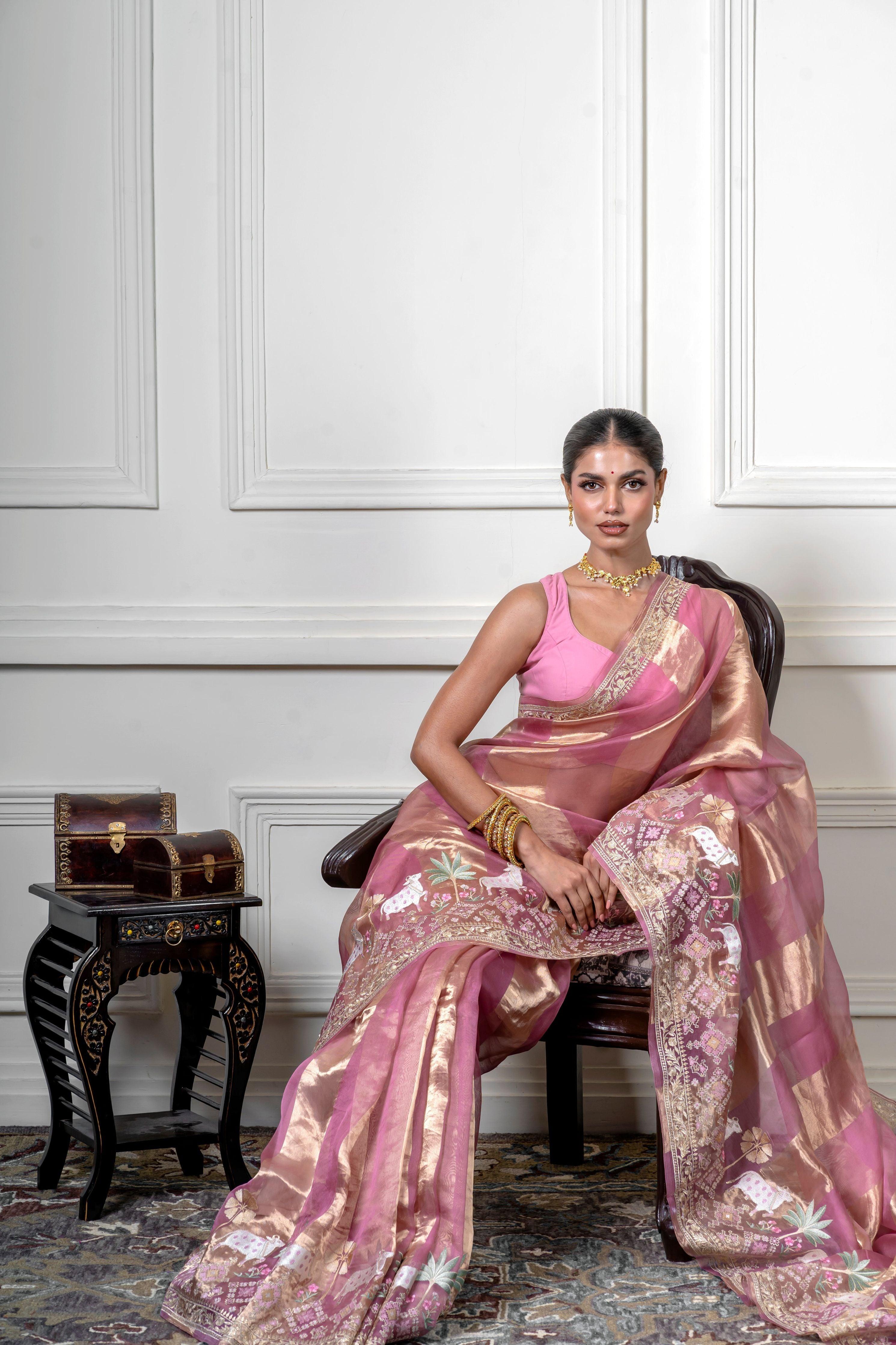 Green Pink Saree with Gold Zari Stripe (Copy)  Mokshaa