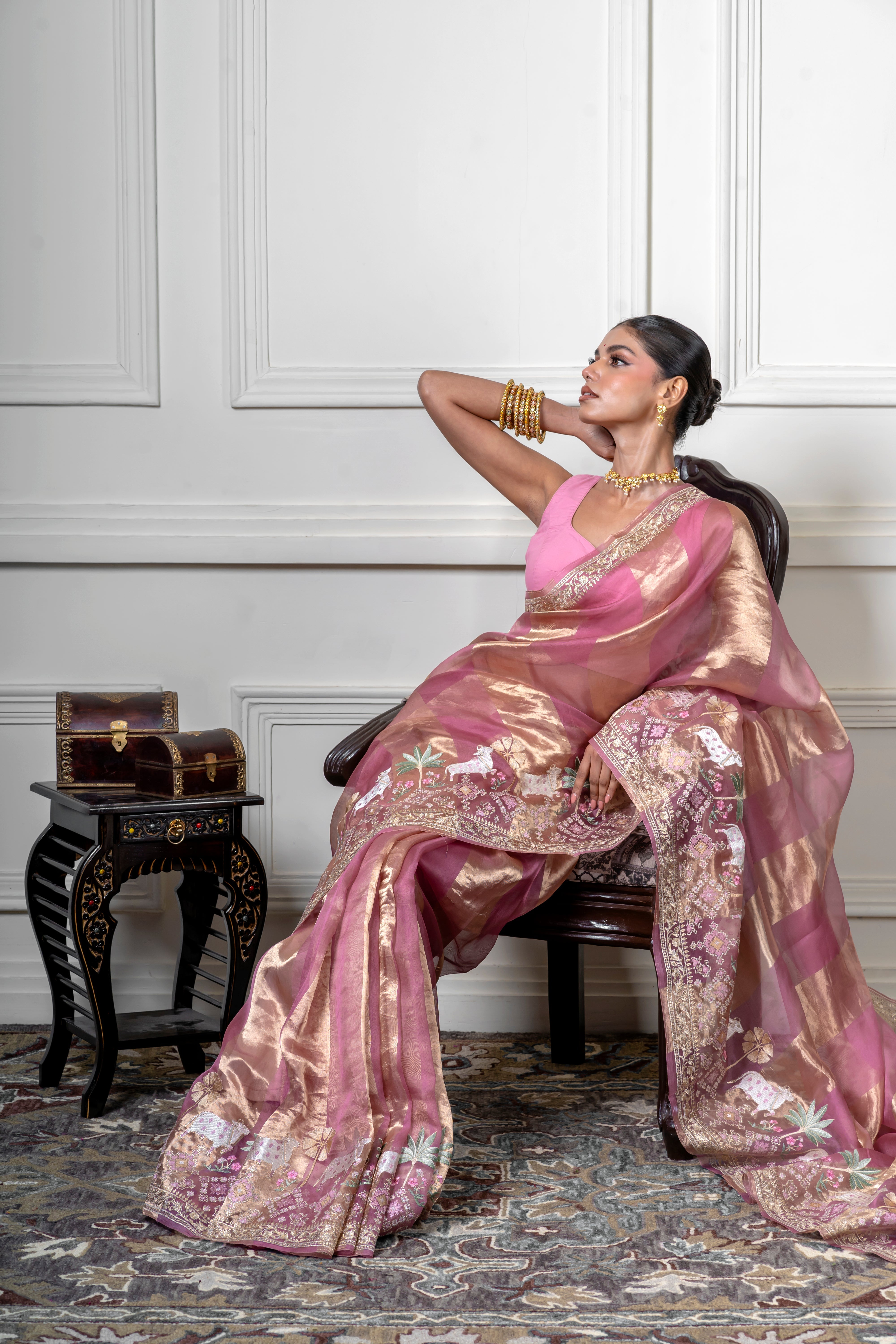Green Pink Saree with Gold Zari Stripe (Copy) Mokshaa
