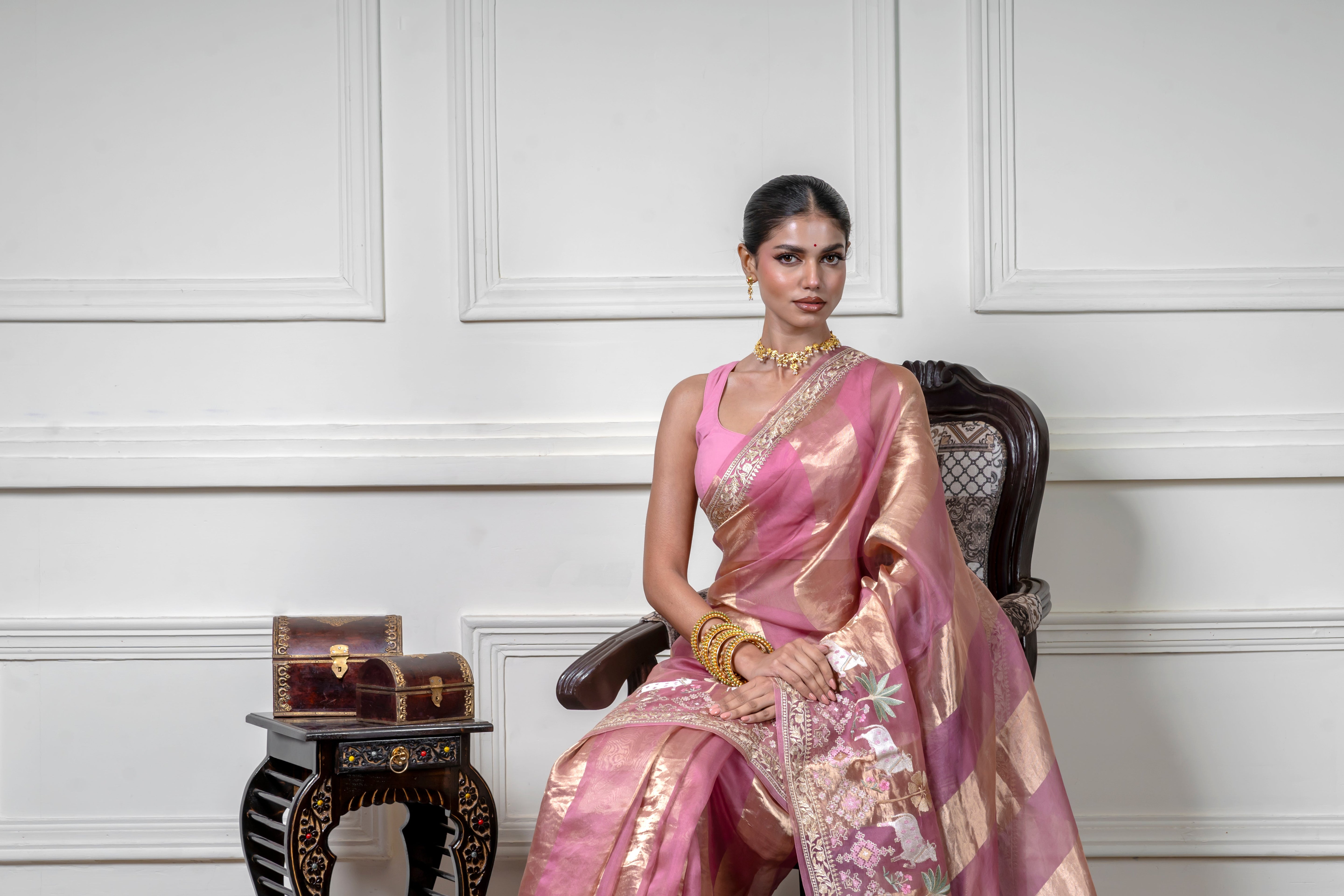 Green Pink Saree with Gold Zari Stripe (Copy) Mokshaa