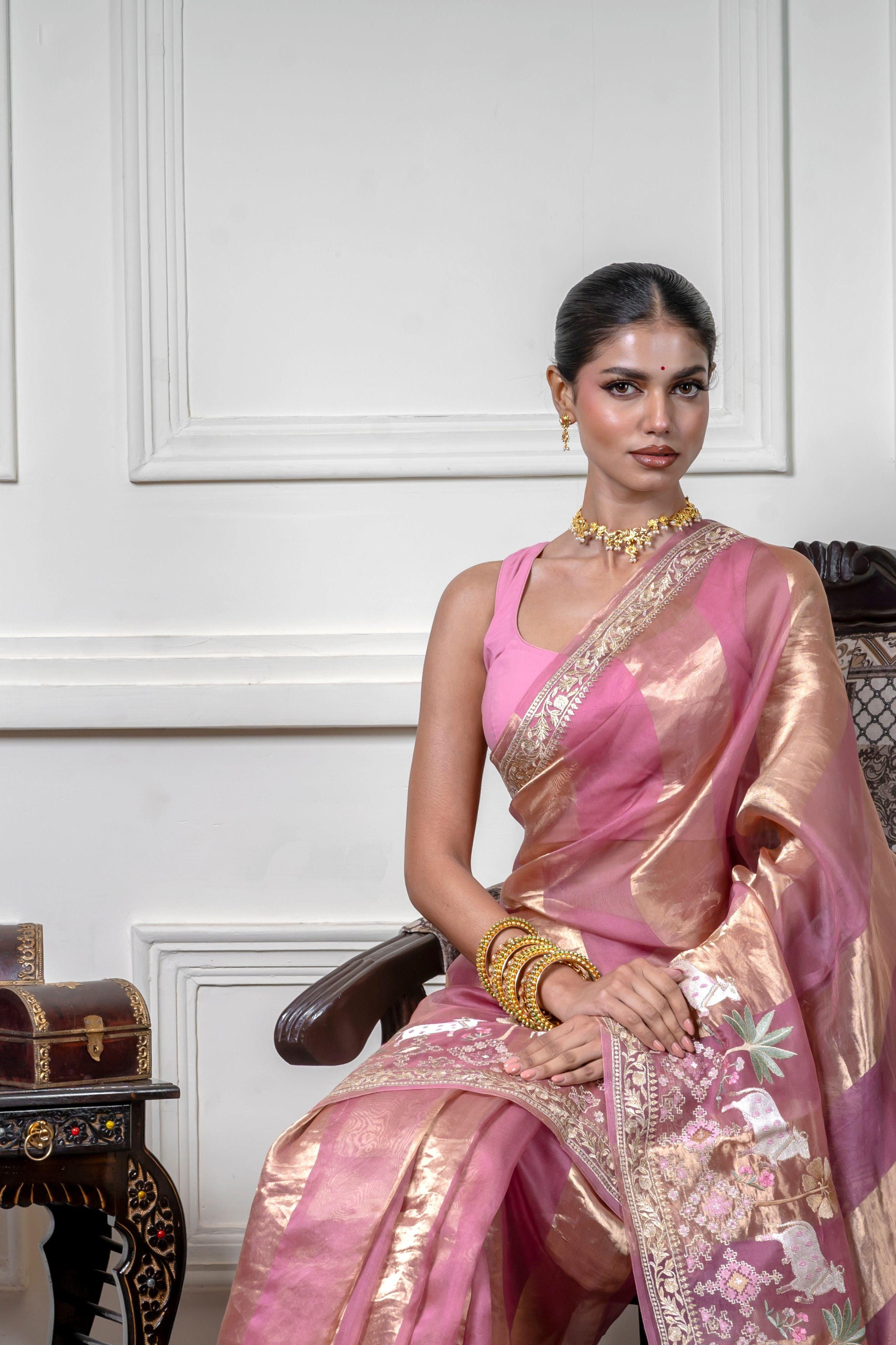 Green Pink Saree with Gold Zari Stripe (Copy)  Mokshaa