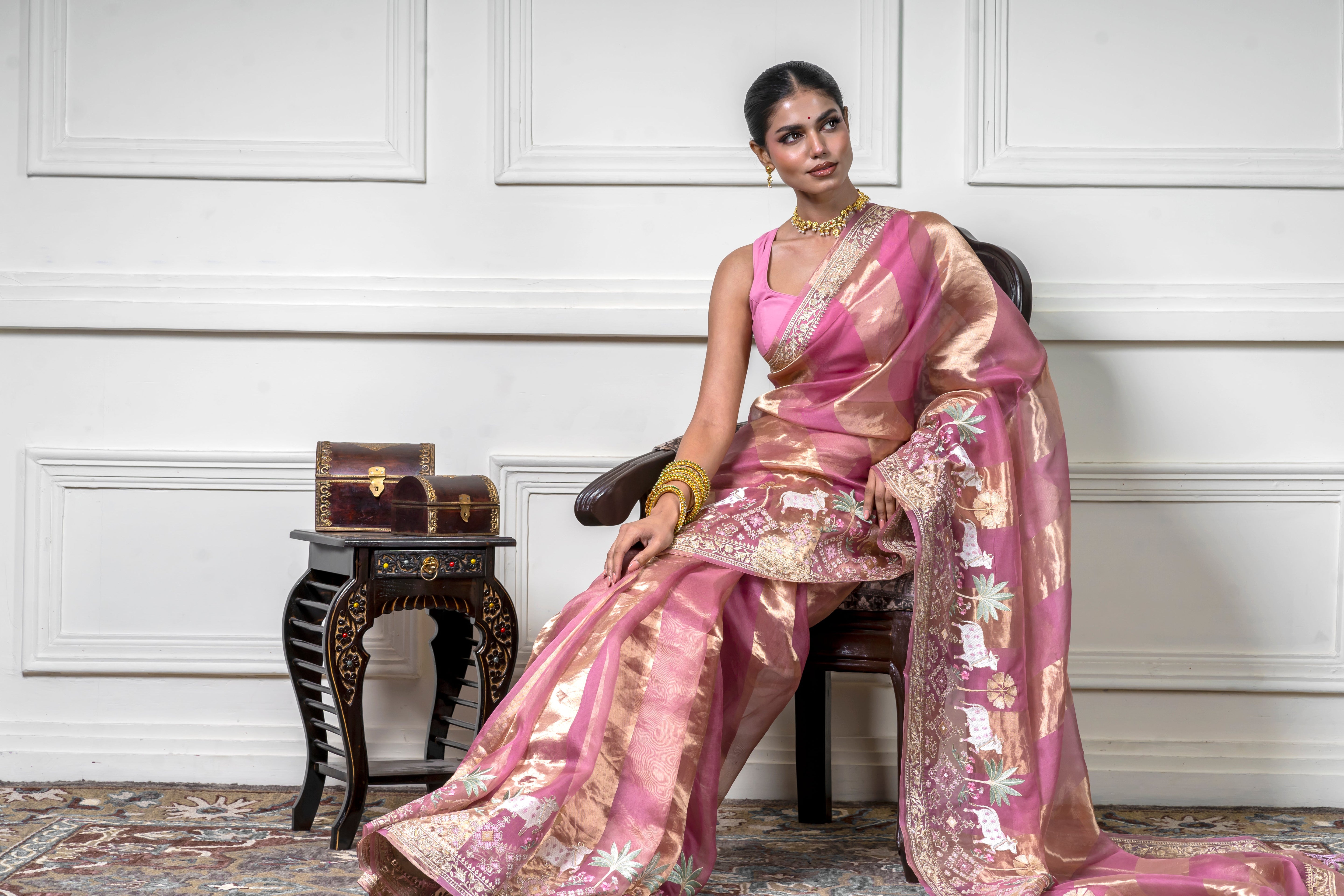 Green Pink Saree with Gold Zari Stripe (Copy) Mokshaa