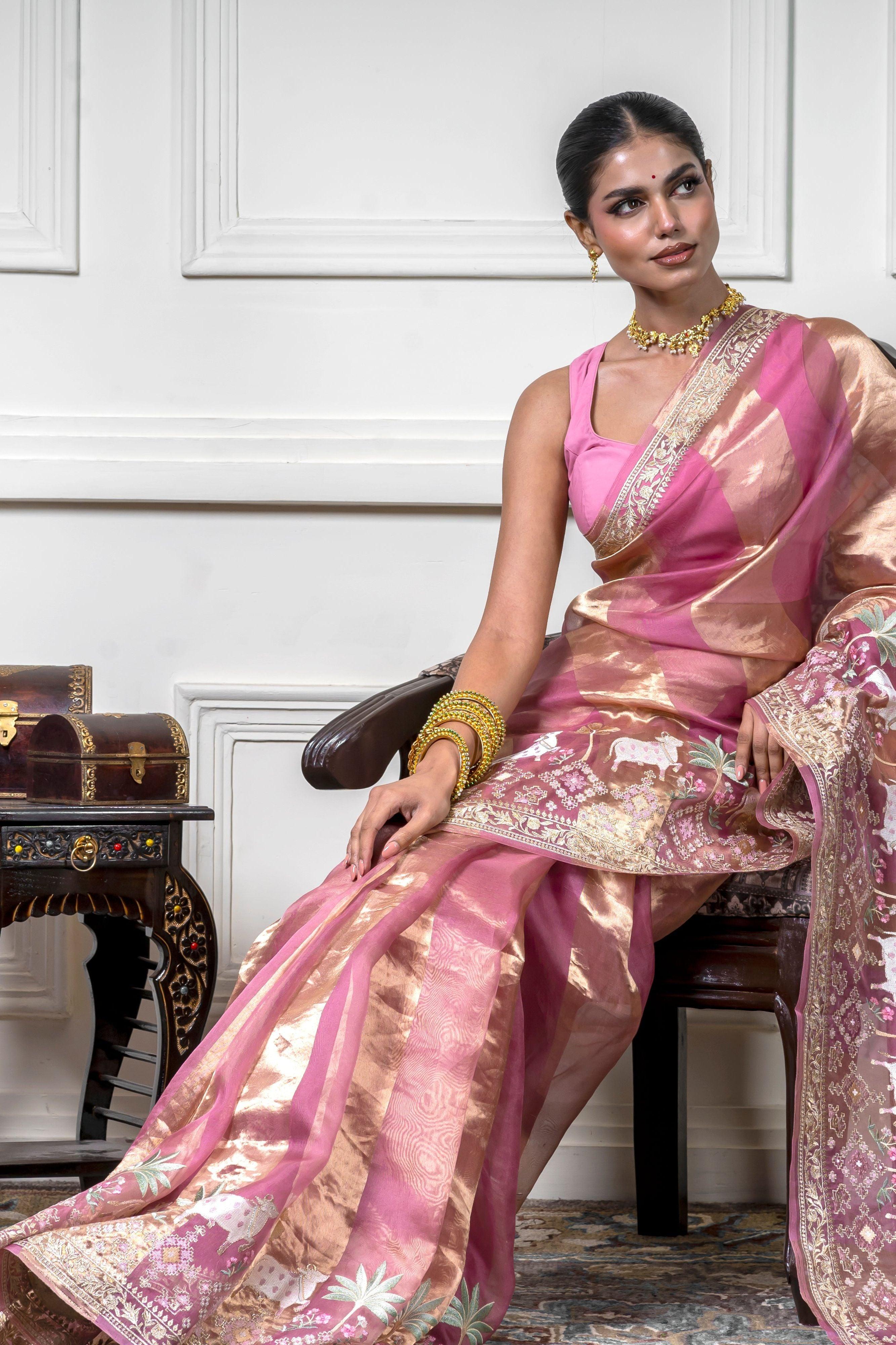 Green Pink Saree with Gold Zari Stripe (Copy)  Mokshaa