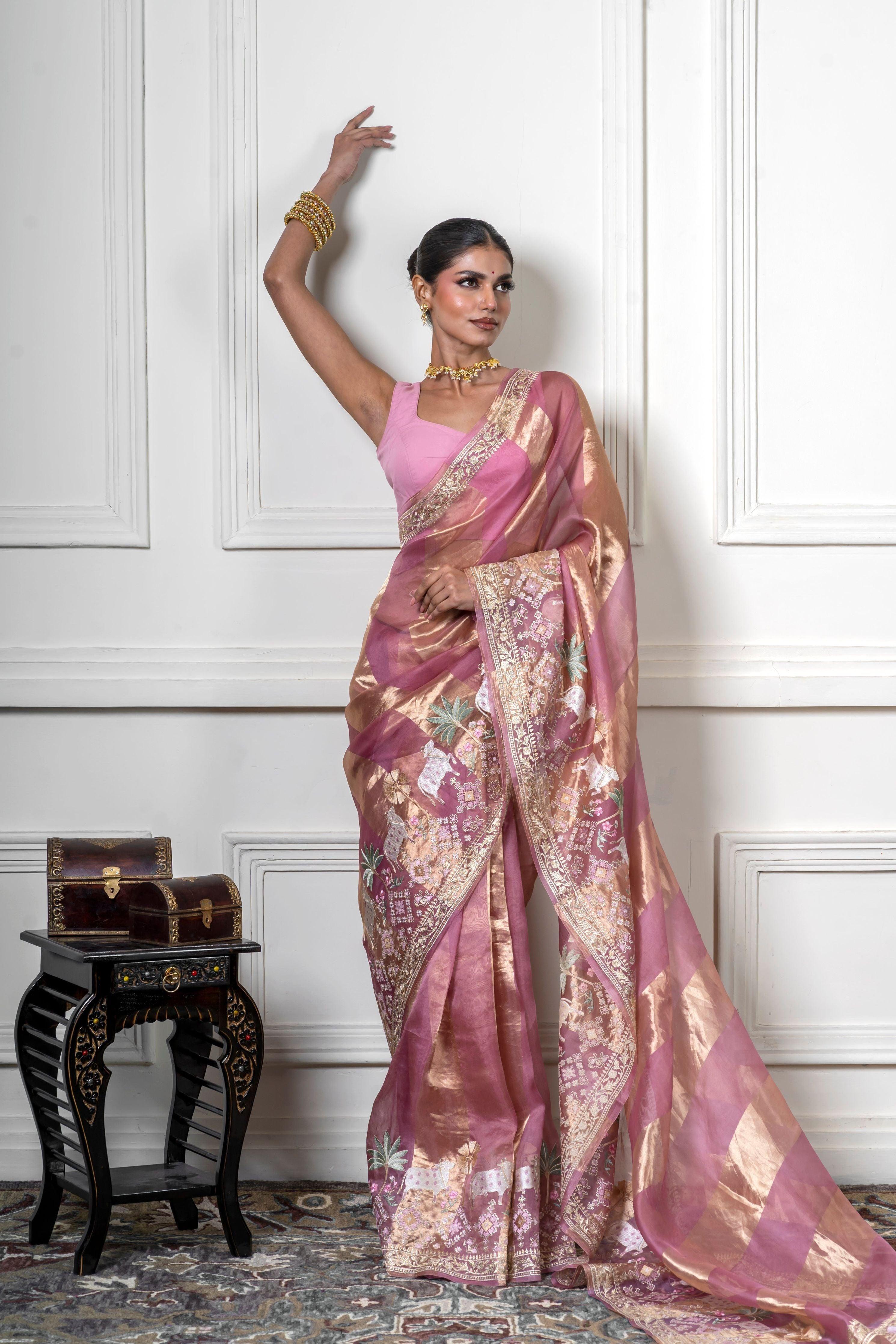 Green Pink Saree with Gold Zari Stripe (Copy)  Mokshaa