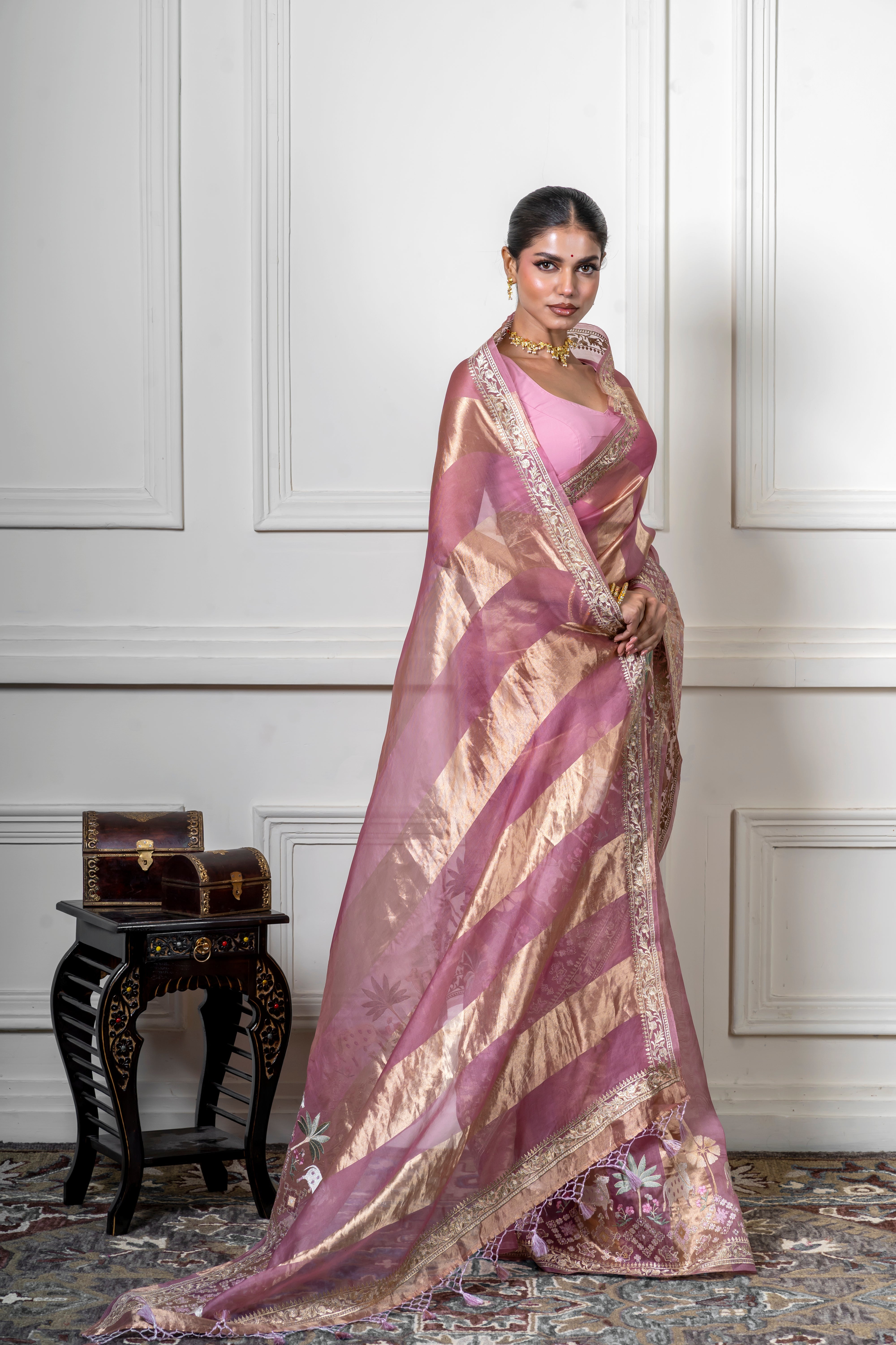 Green Pink Saree with Gold Zari Stripe (Copy) Mokshaa