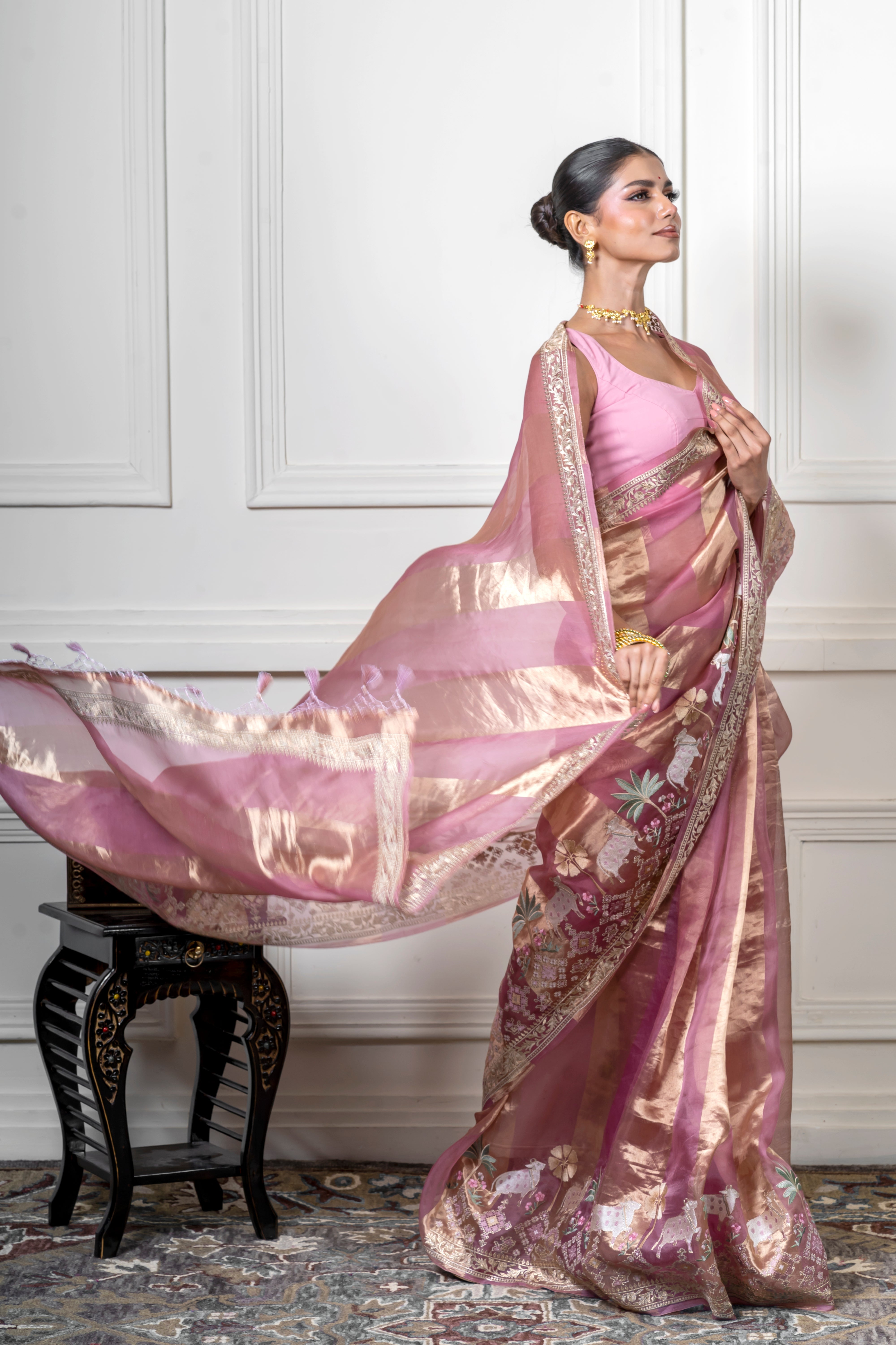 Green Pink Saree with Gold Zari Stripe (Copy) Mokshaa