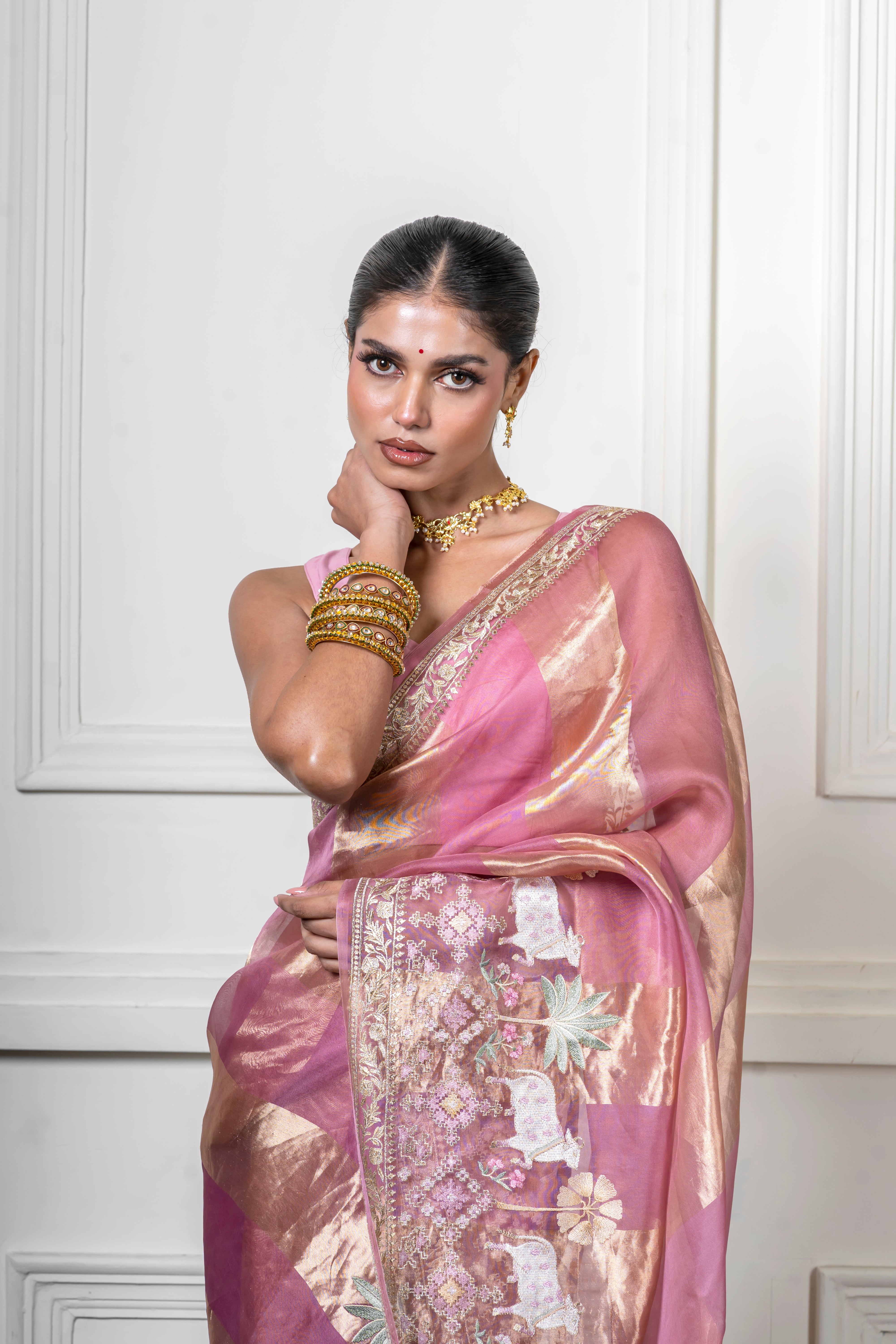 Green Pink Saree with Gold Zari Stripe (Copy) Mokshaa