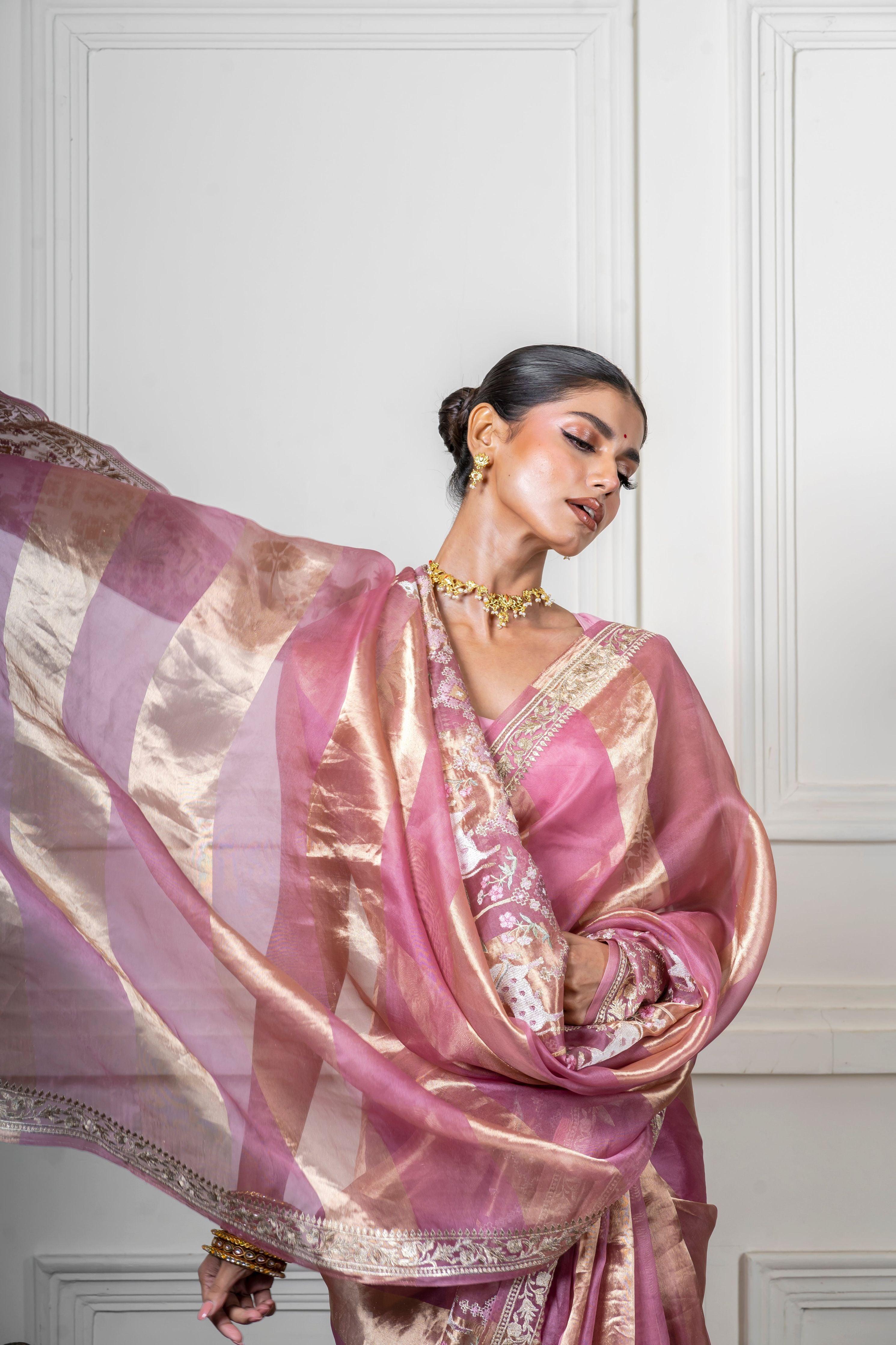 Green Pink Saree with Gold Zari Stripe (Copy)  Mokshaa