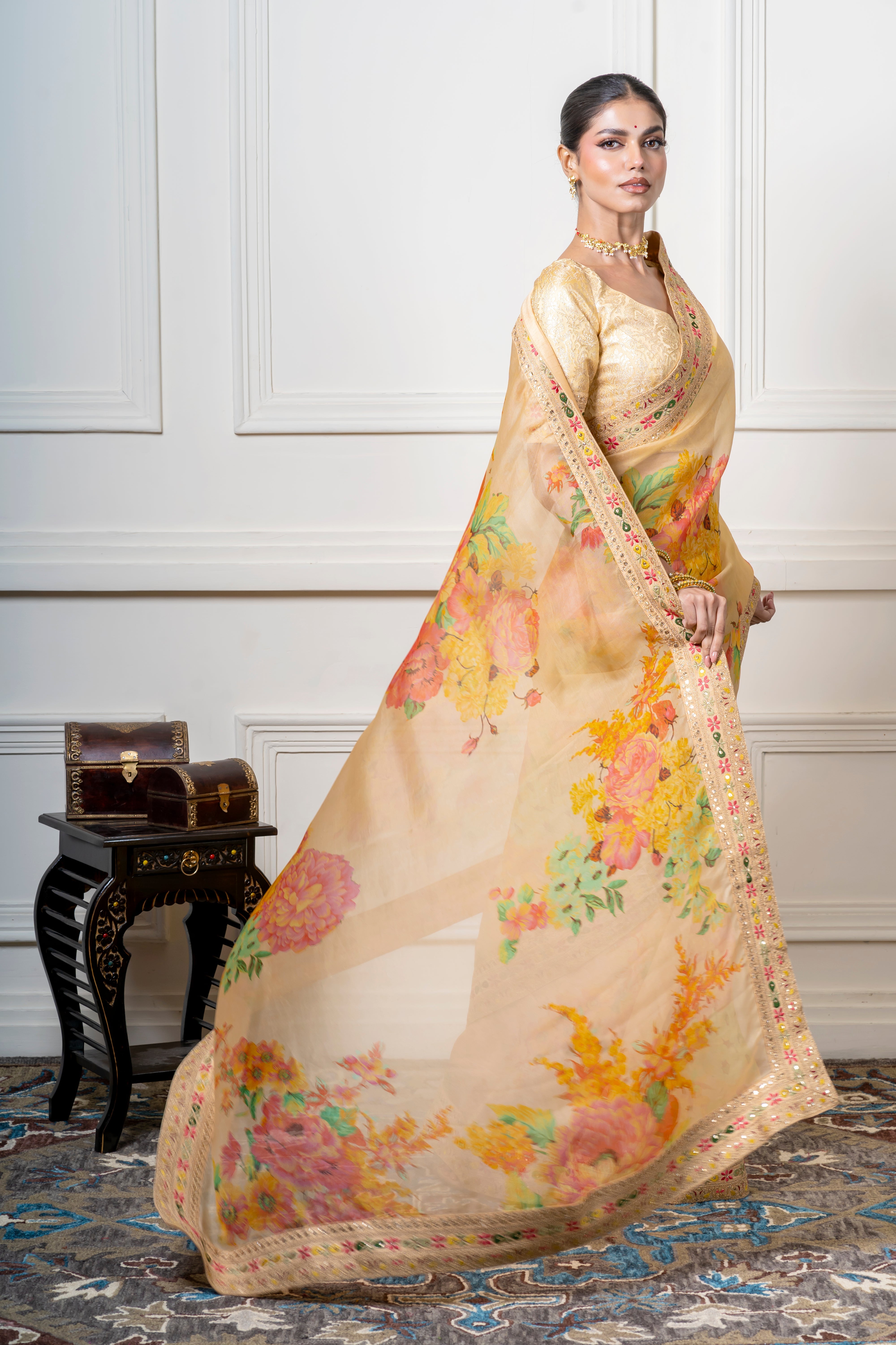 Golden Beige Organza Saree with Vibrant Floral Print Mokshaa