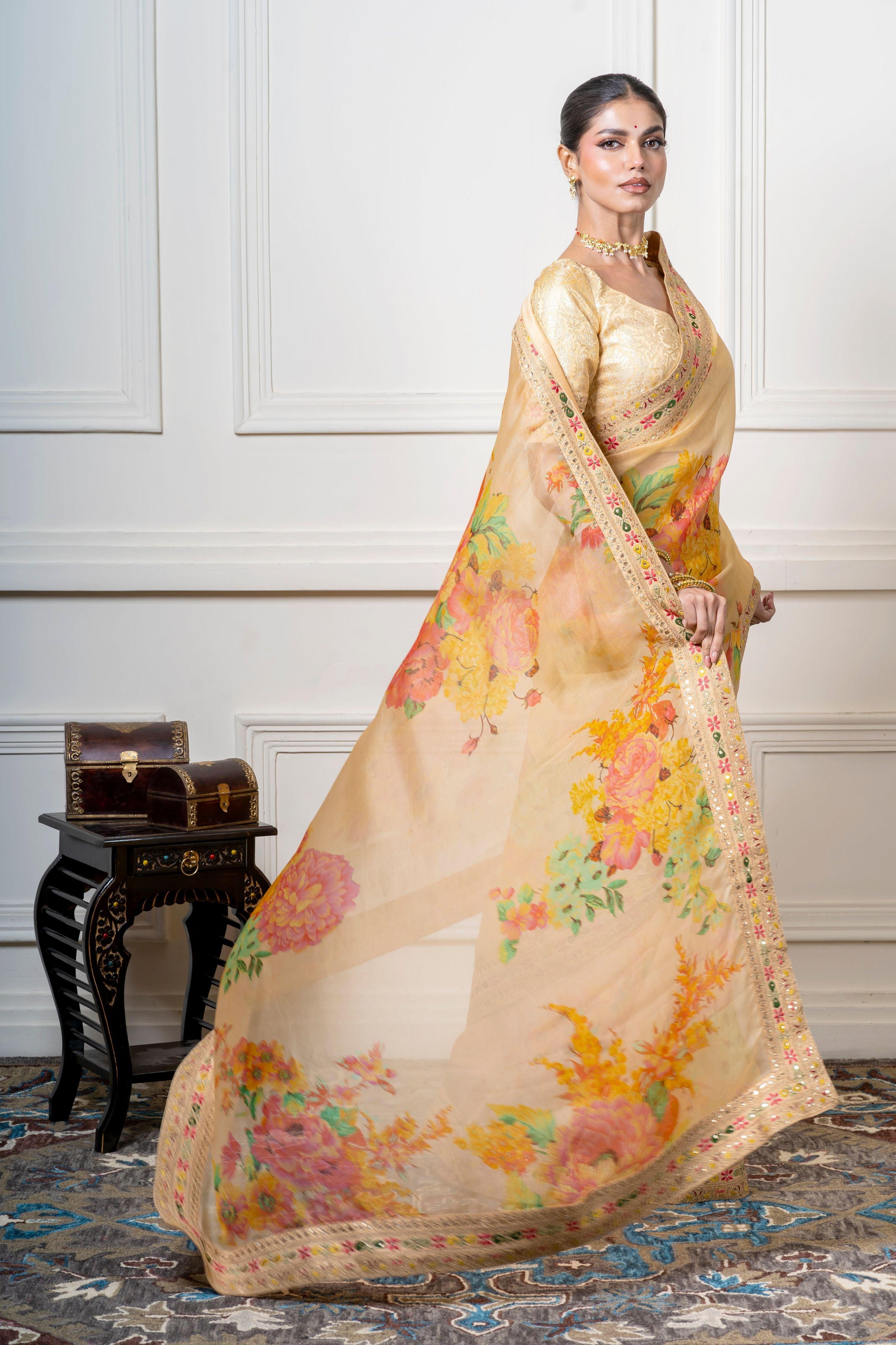 Golden Beige Organza Saree with Vibrant Floral Print  Mokshaa
