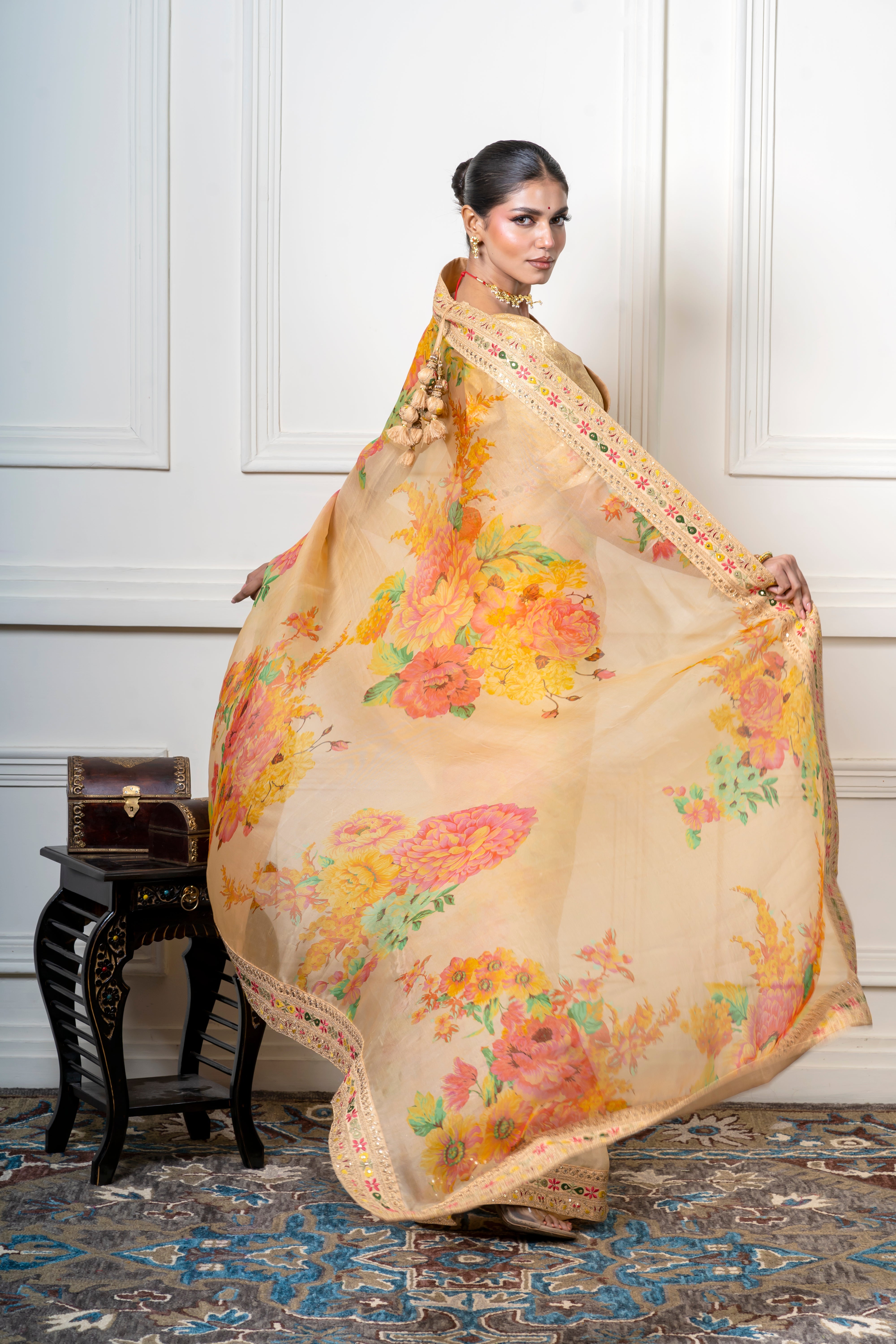 Golden Beige Organza Saree with Vibrant Floral Print Mokshaa