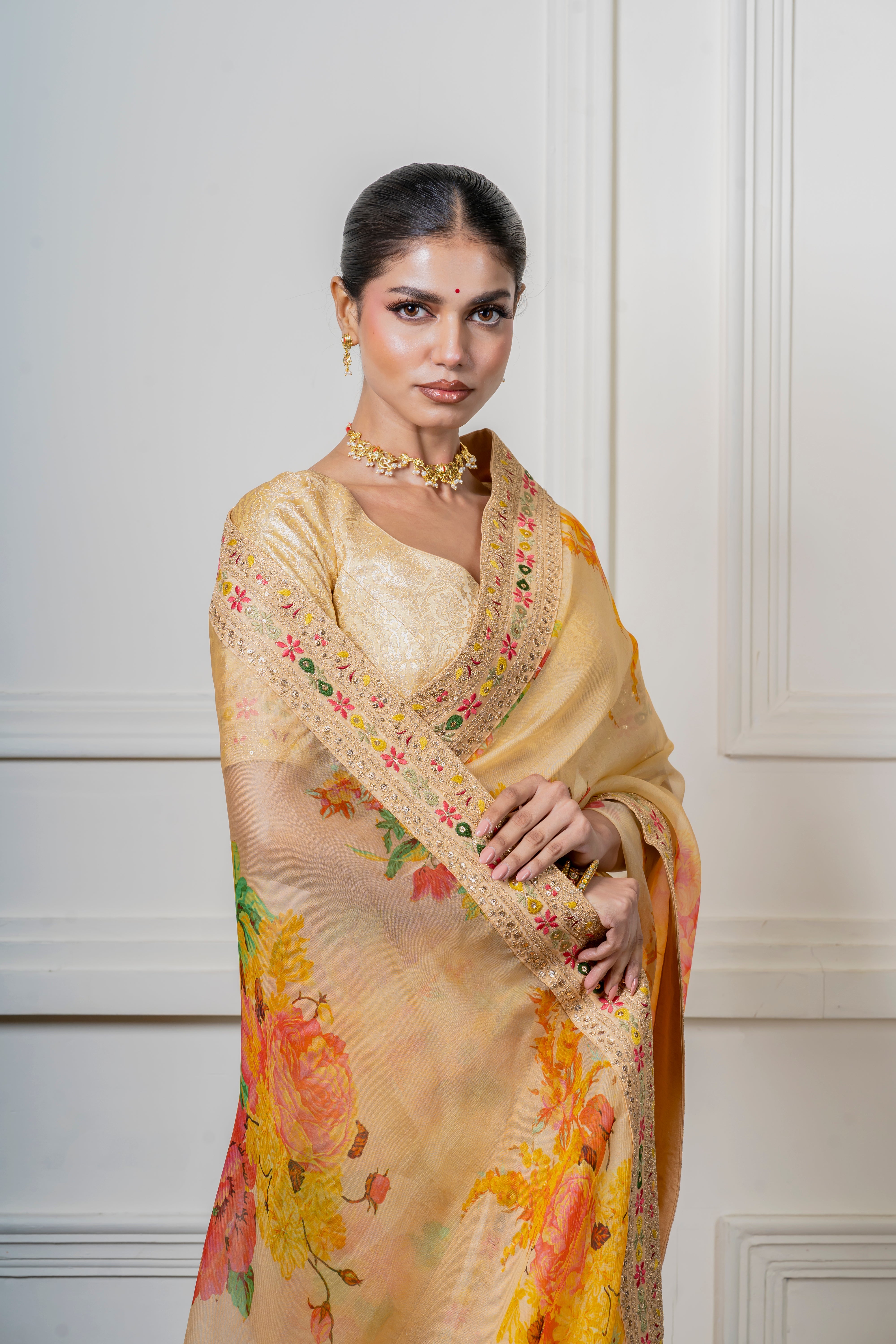Golden Beige Organza Saree with Vibrant Floral Print Mokshaa