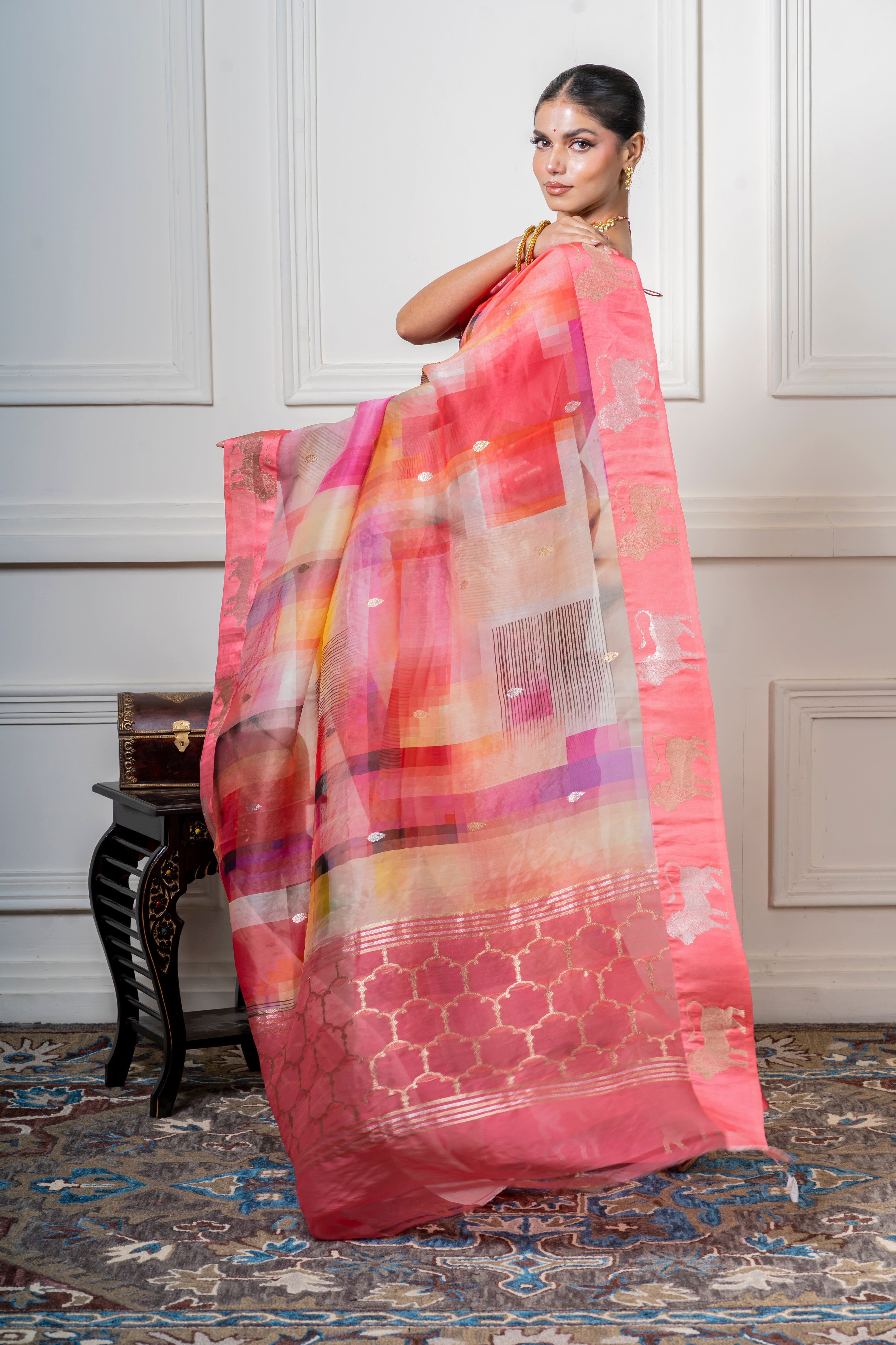 Multicolor Organza Saree with Geometric Print and Animal Motif Mokshaa