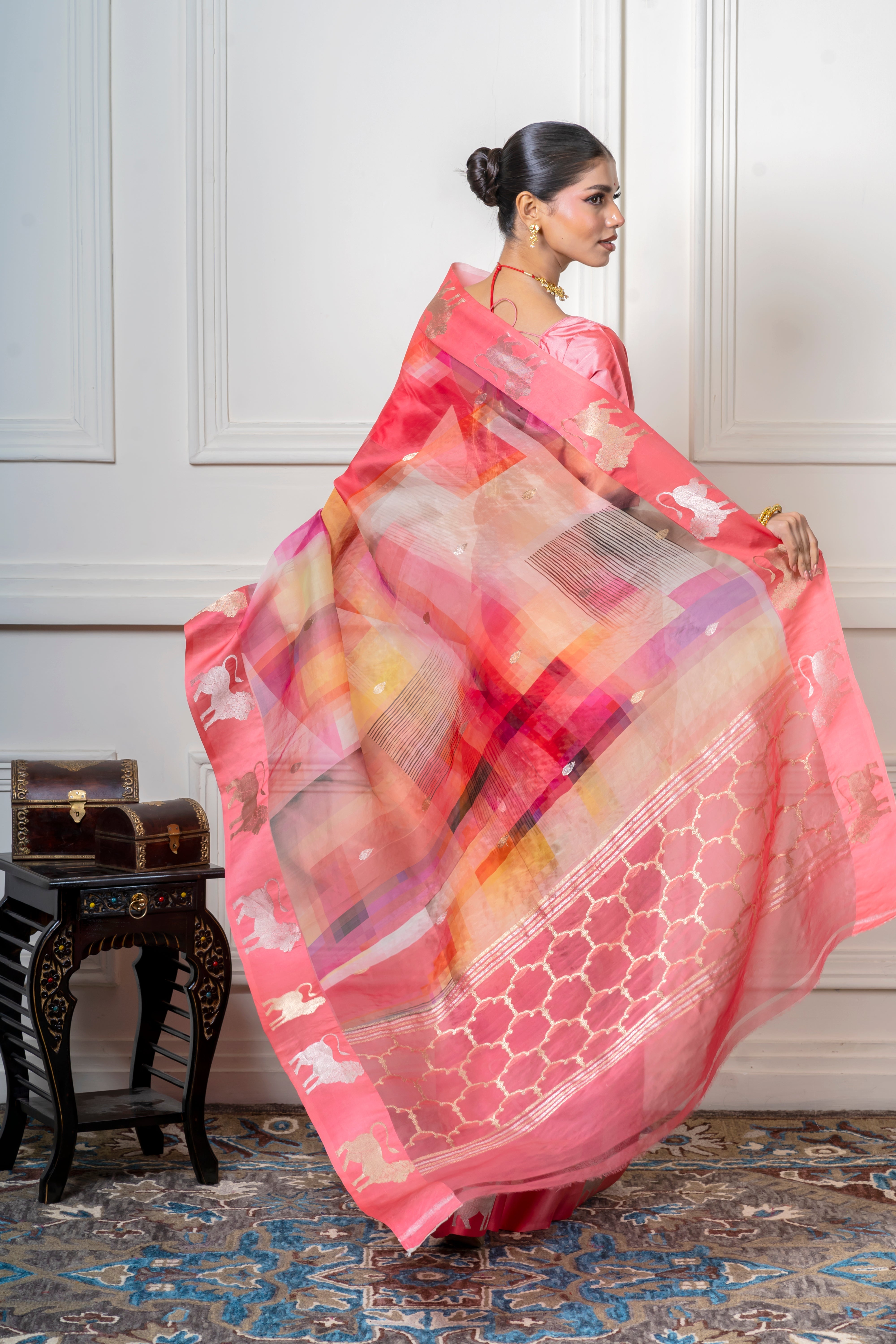 Multicolor Organza Saree with Geometric Print and Animal Motif Mokshaa