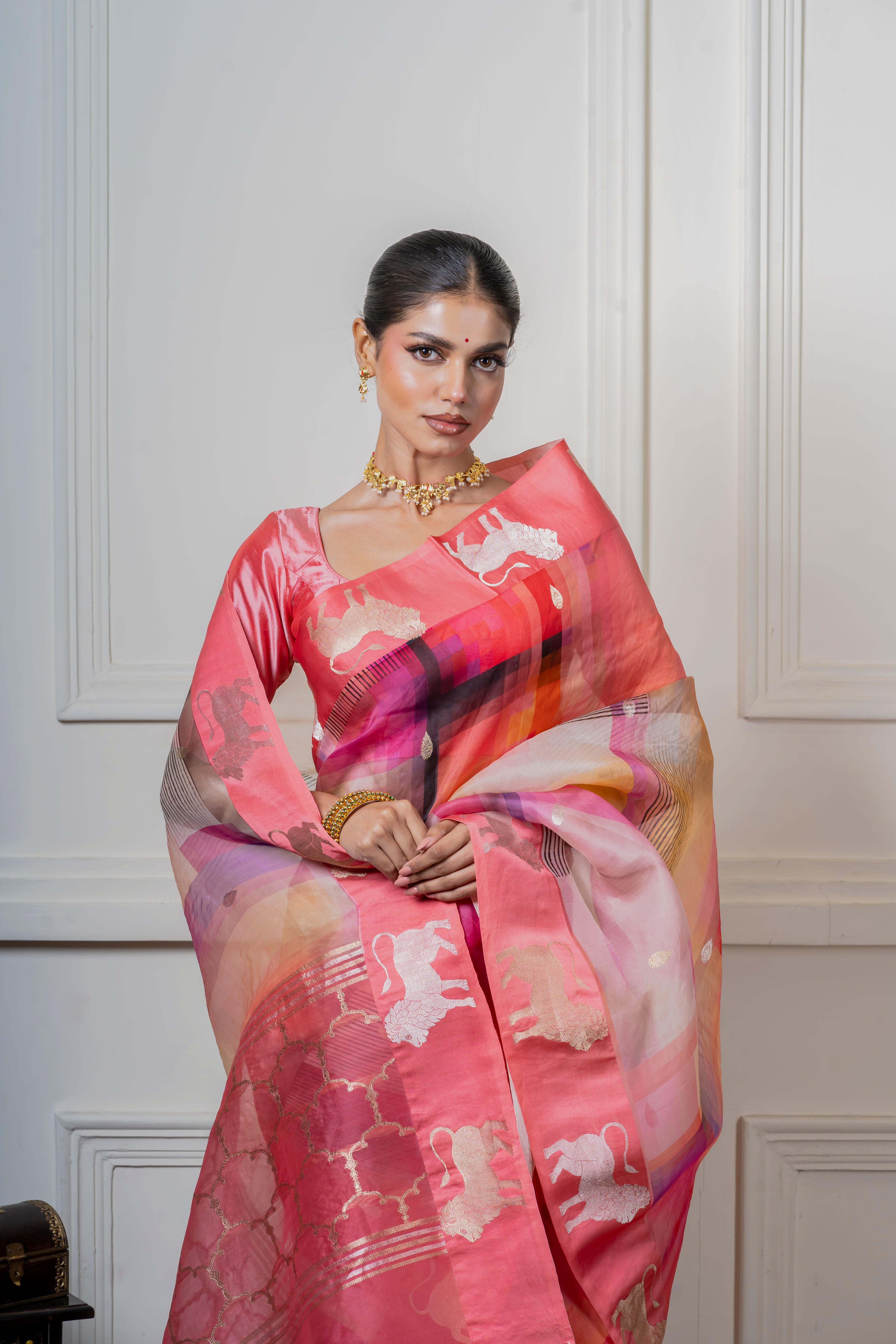 Multicolor Organza Saree with Geometric Print and Animal Motif Mokshaa