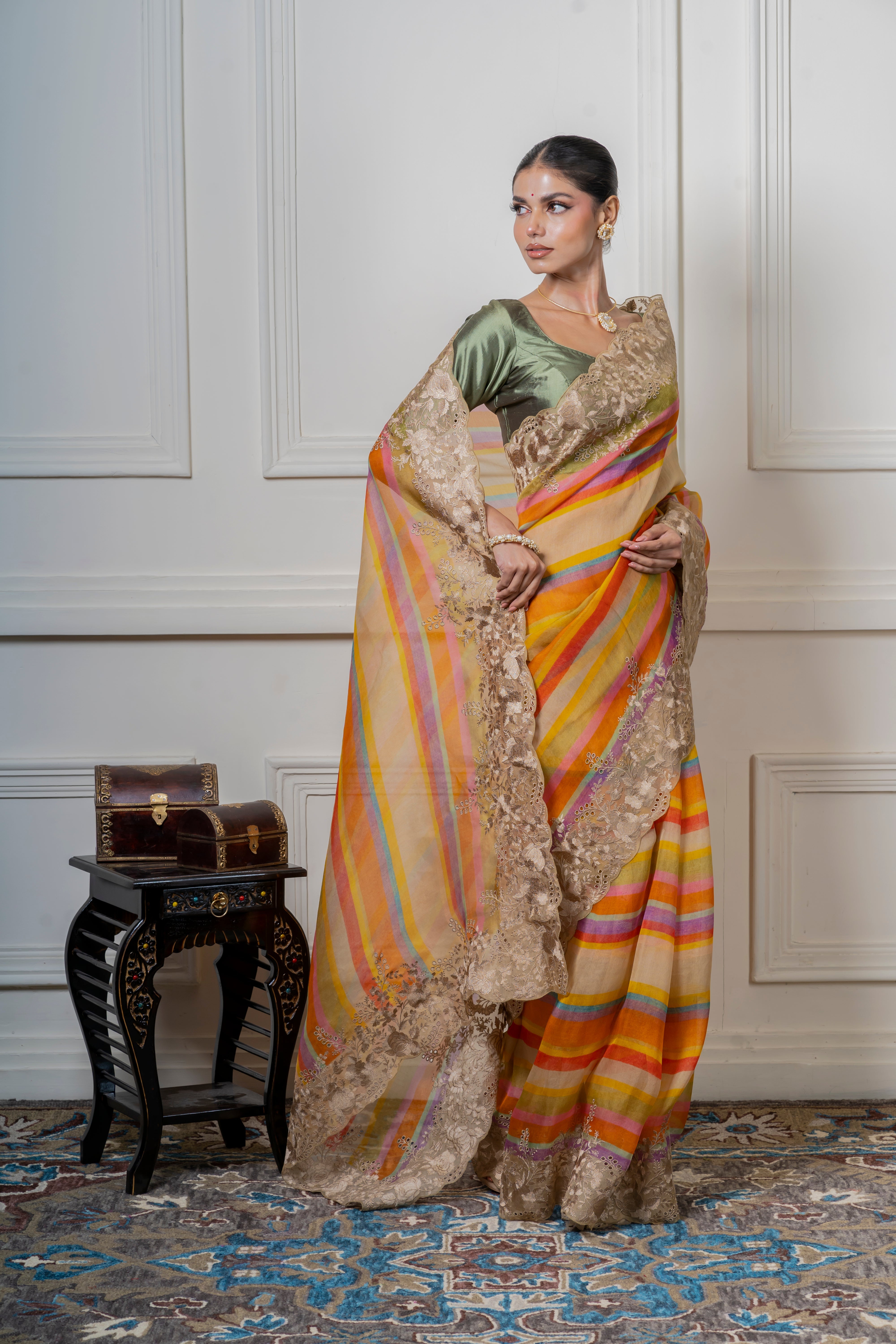 Multicolor Organza Saree with Stripes and Lace Border Mokshaa
