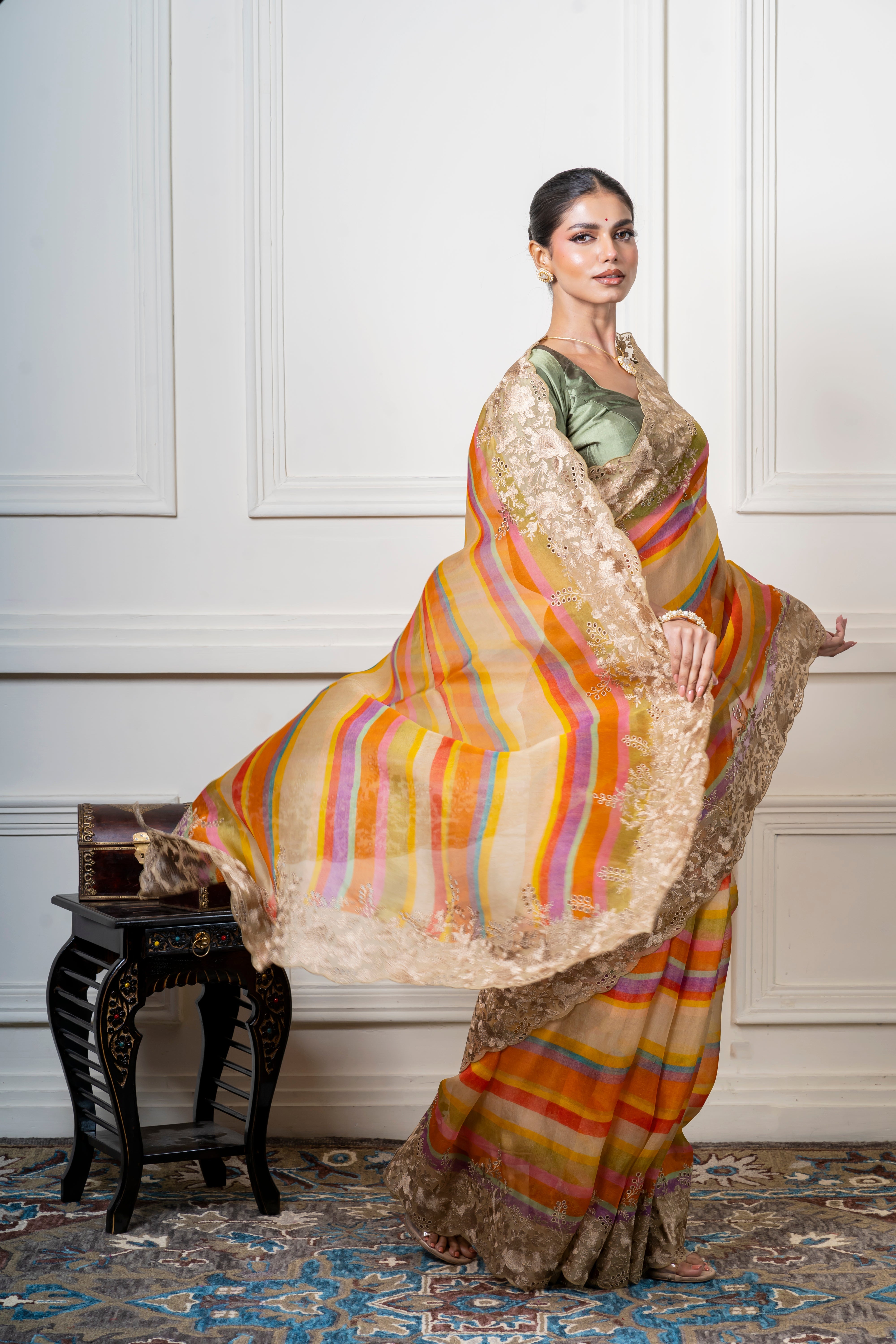 Multicolor Organza Saree with Stripes and Lace Border Mokshaa