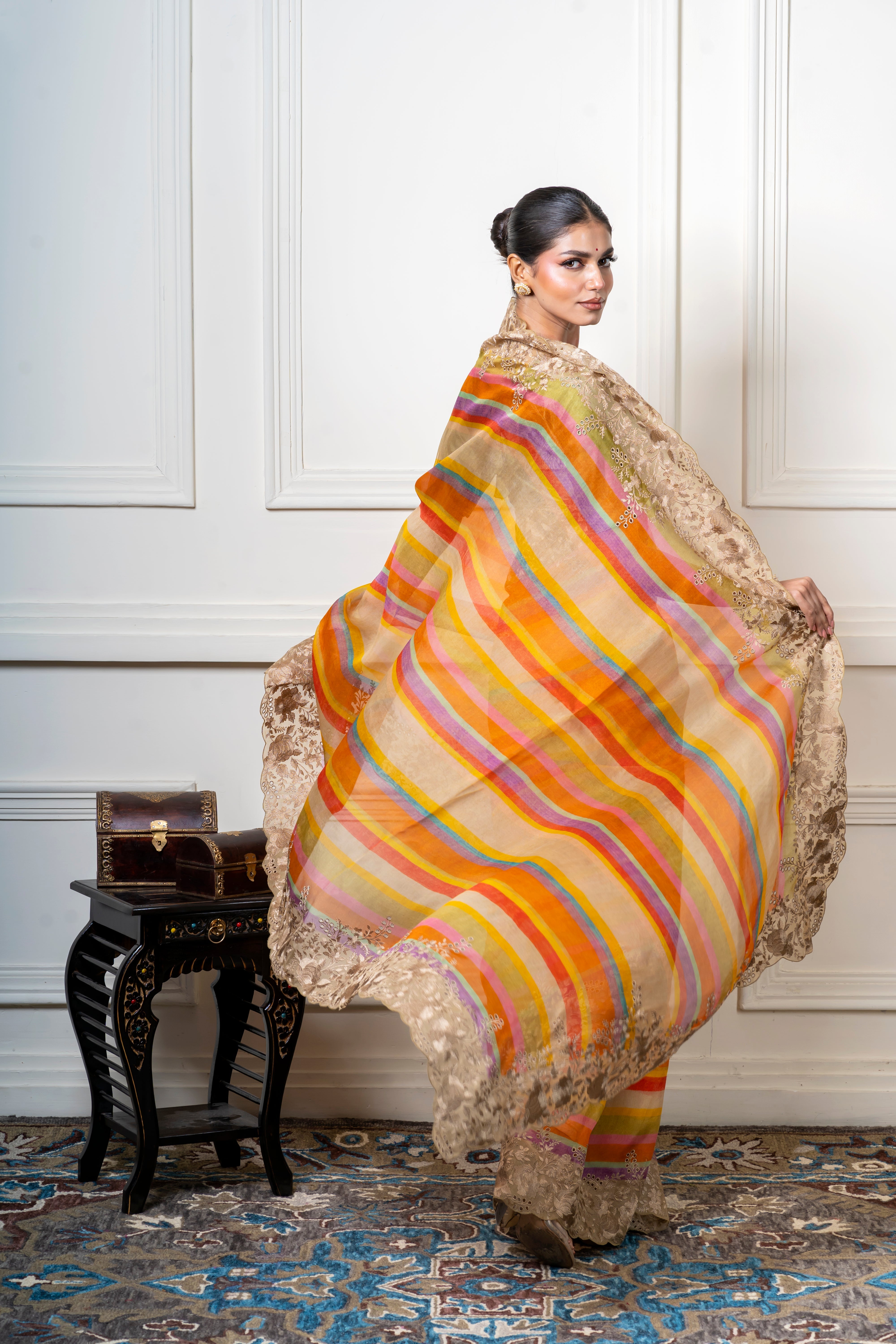 Multicolor Organza Saree with Stripes and Lace Border Mokshaa
