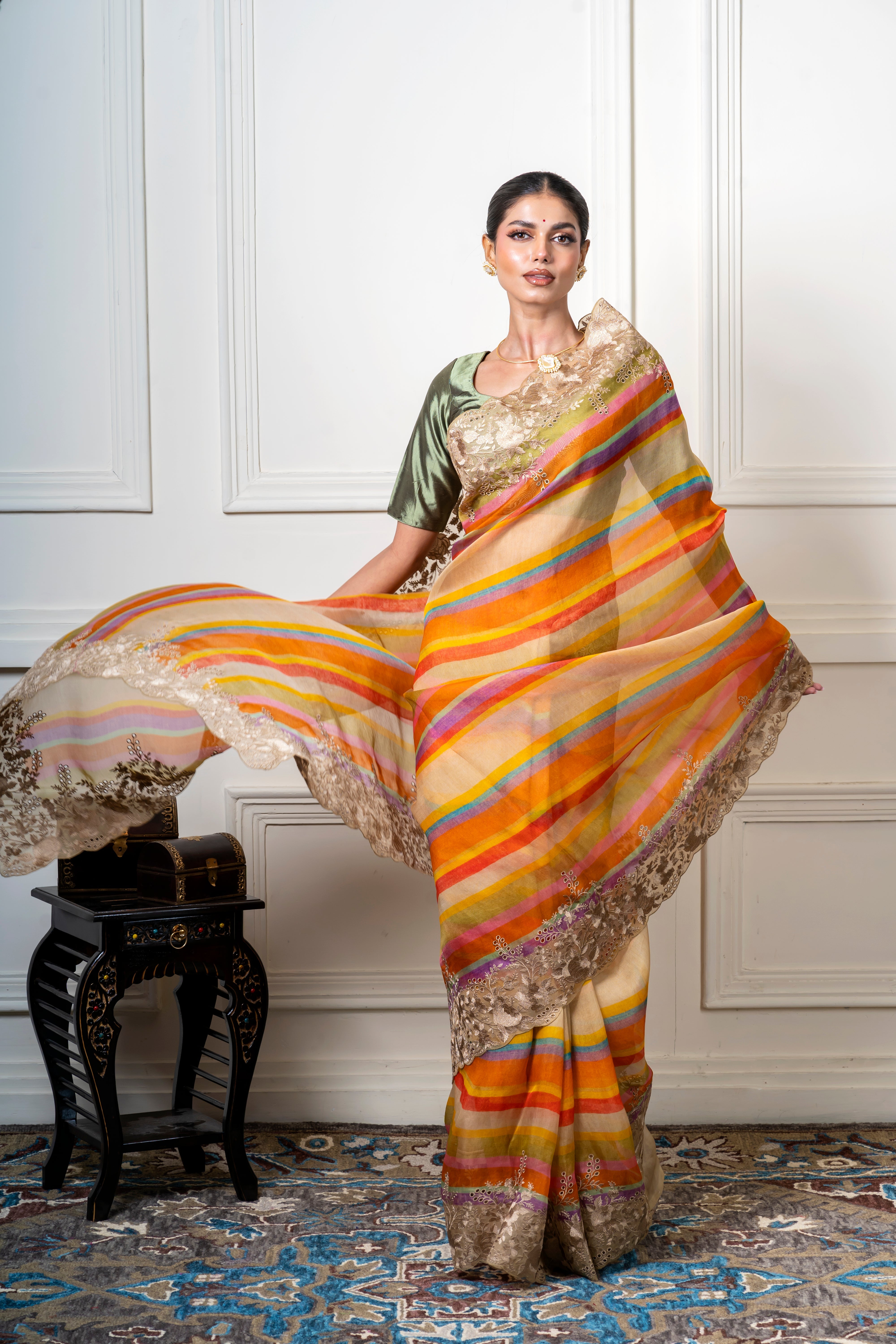 Multicolor Organza Saree with Stripes and Lace Border Mokshaa